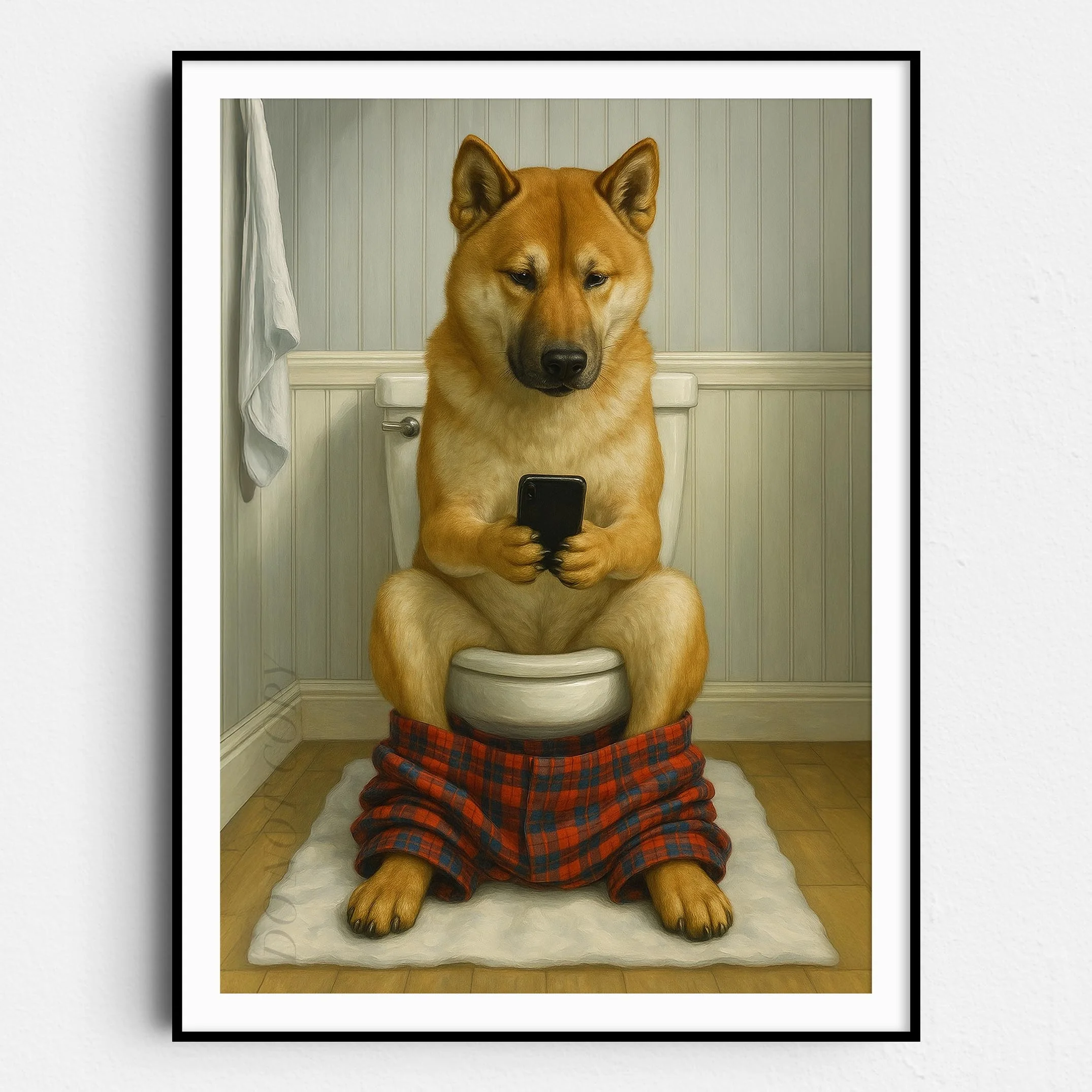 Akita Dog On The Phone On The Toilet