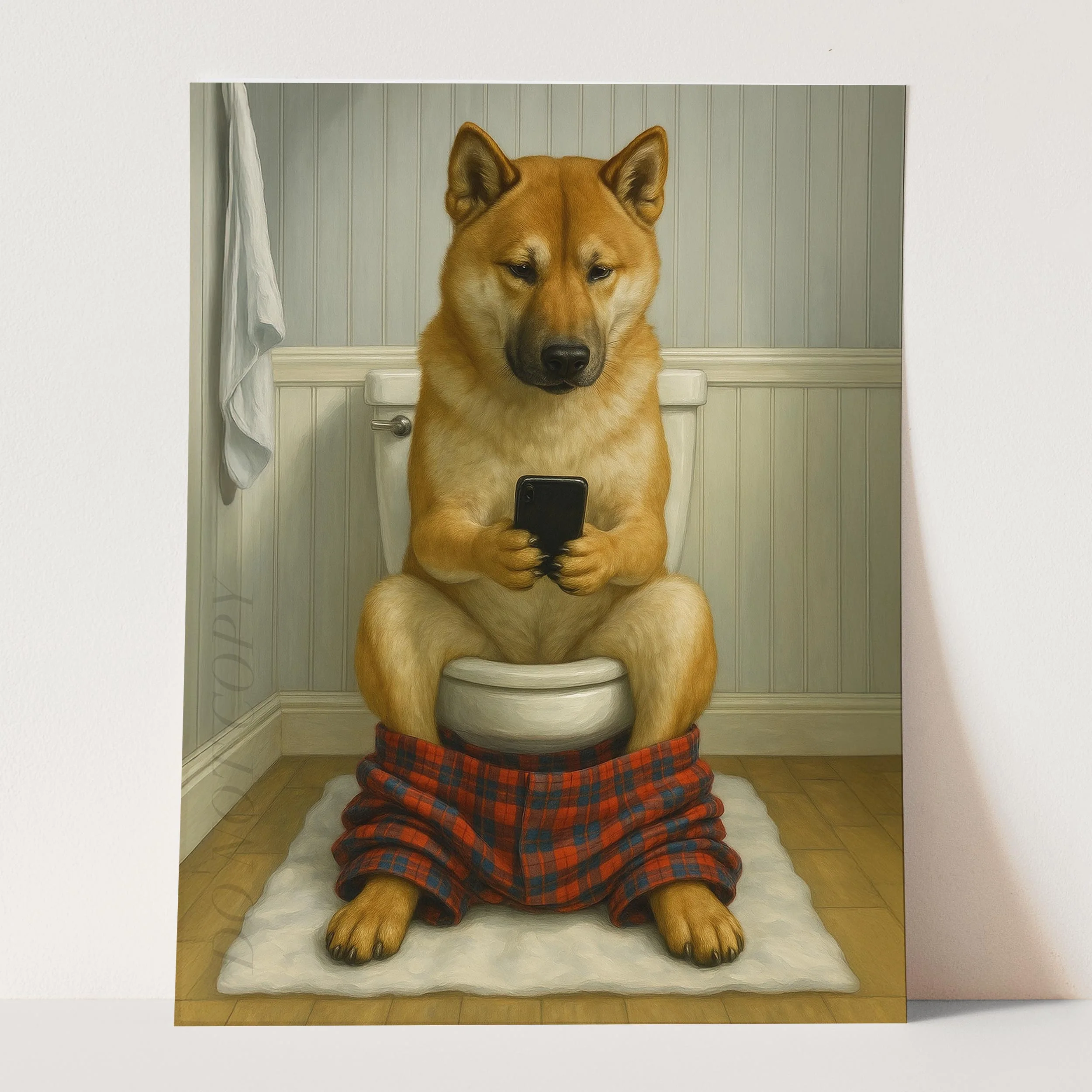 Akita Dog On The Phone On The Toilet - Image 3