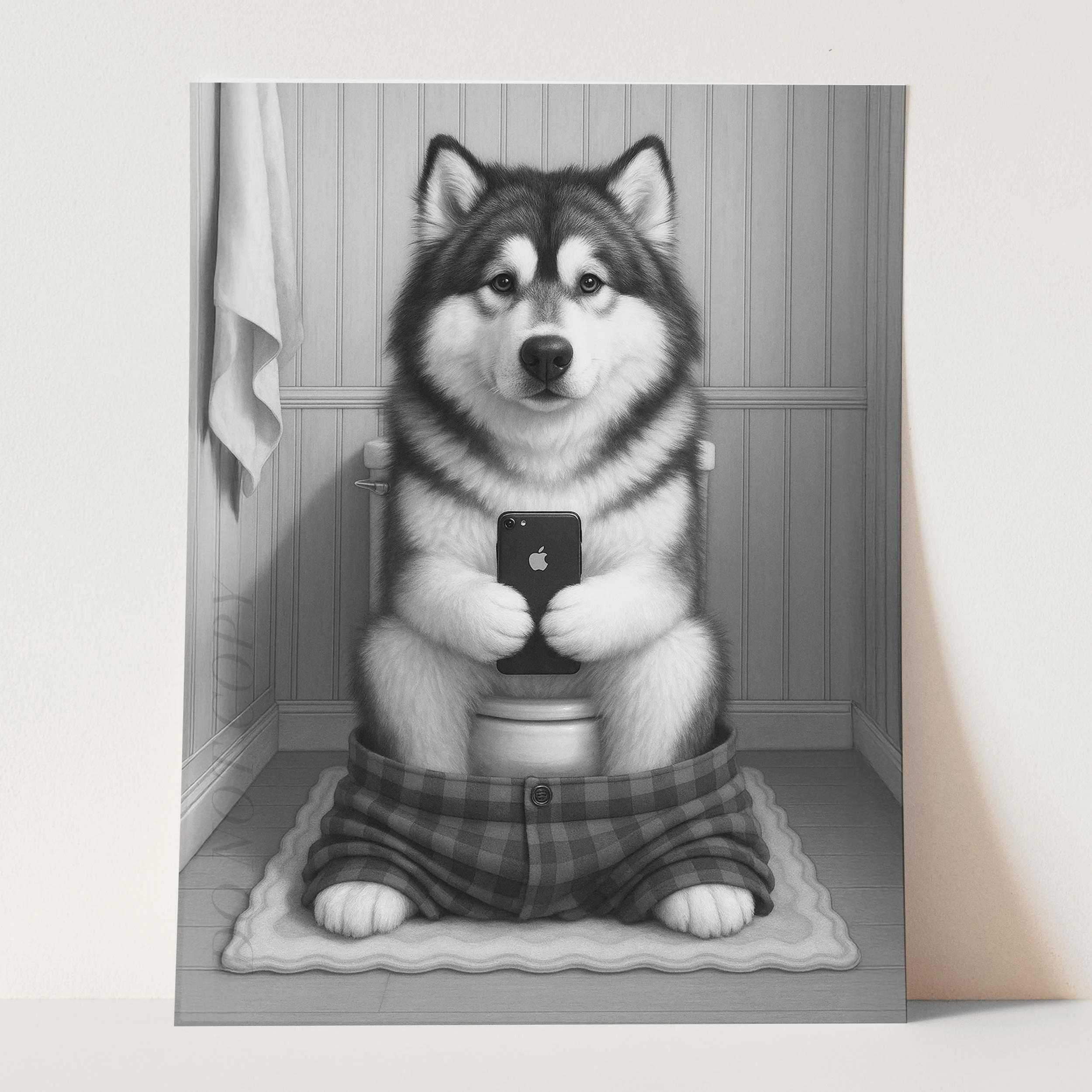Alaskan Malamute Dog On The Phone On The Toilet - Image 3