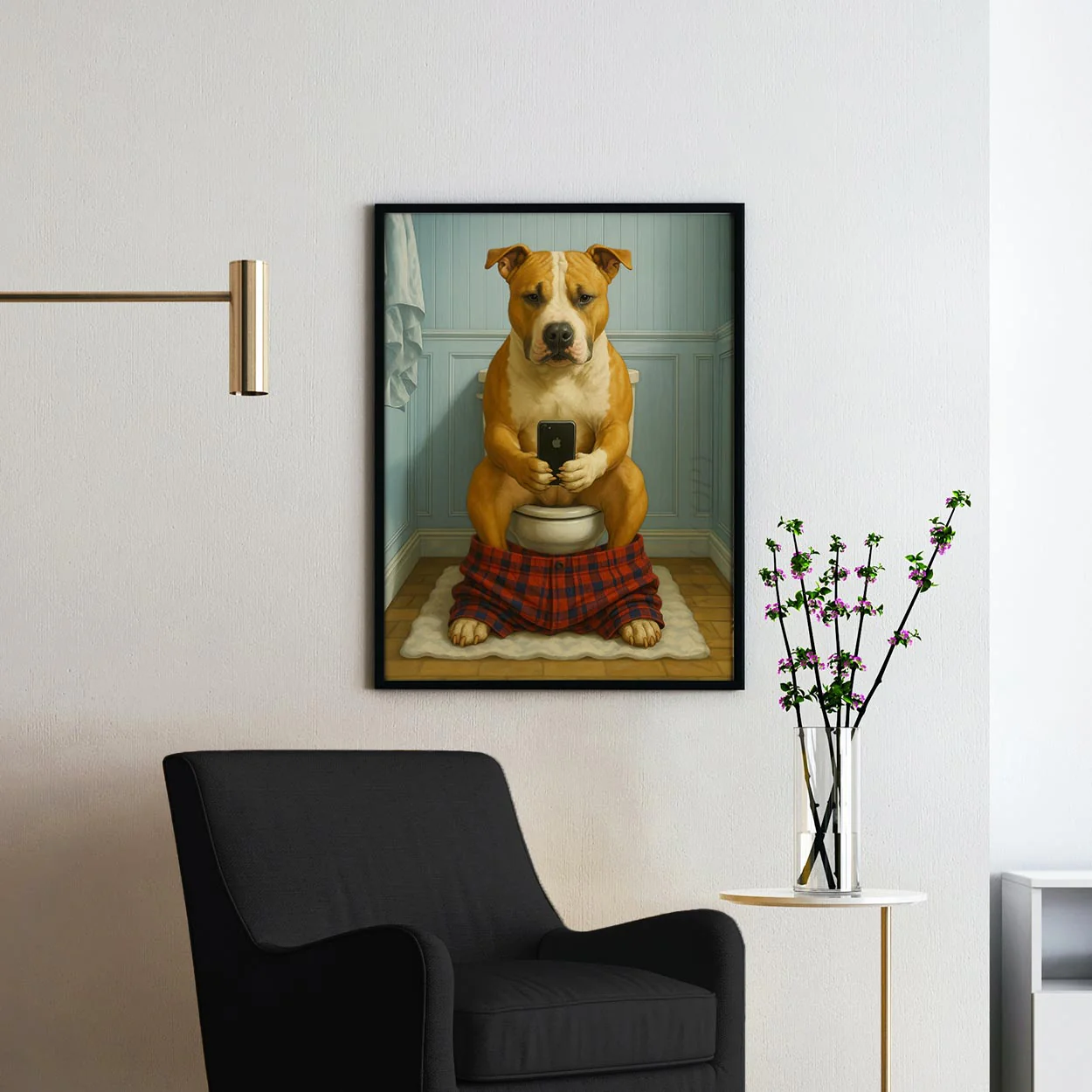 American Staffordshire Terrier Dog On The Phone On The Toilet - Image 2