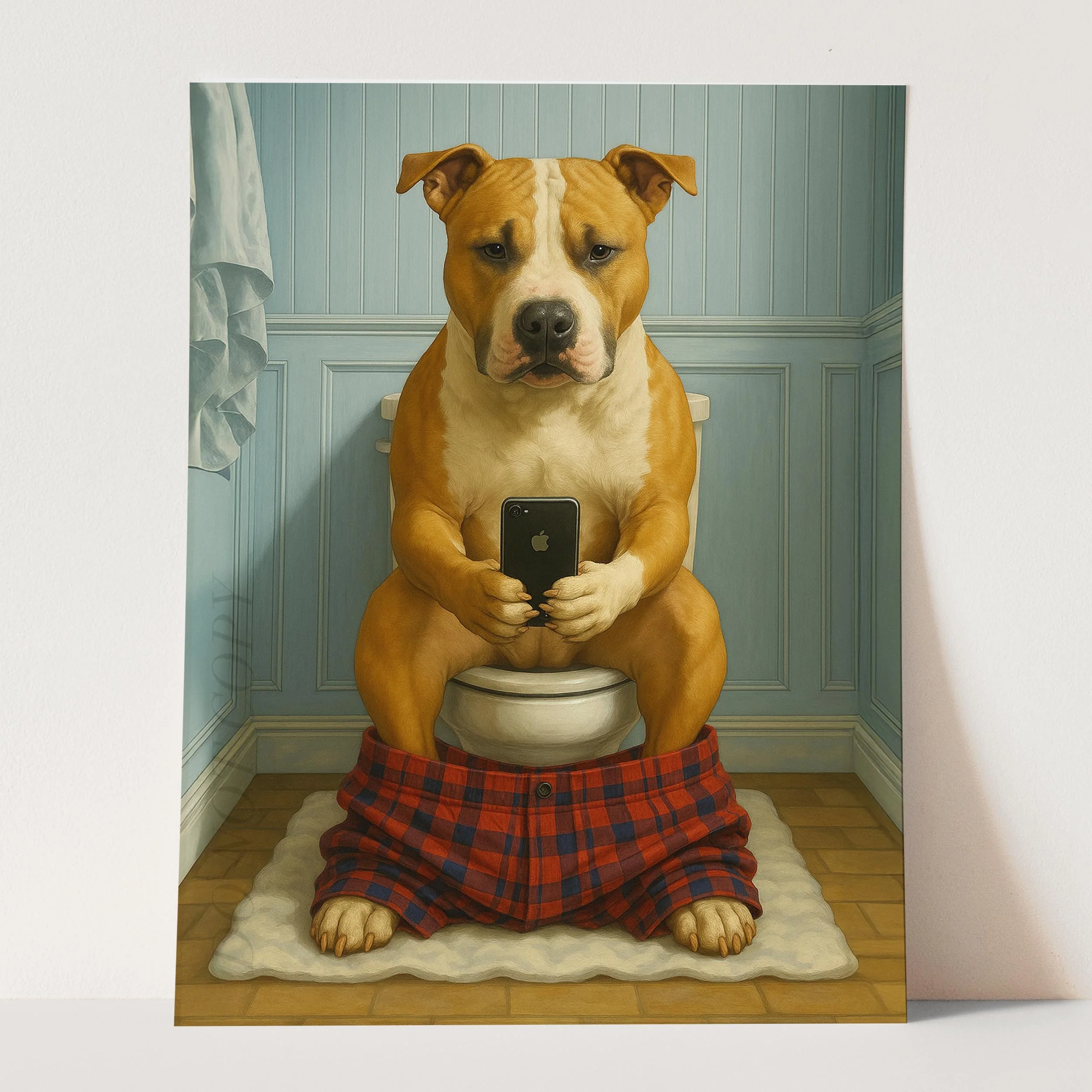 American Staffordshire Terrier Dog On The Phone On The Toilet - Image 3