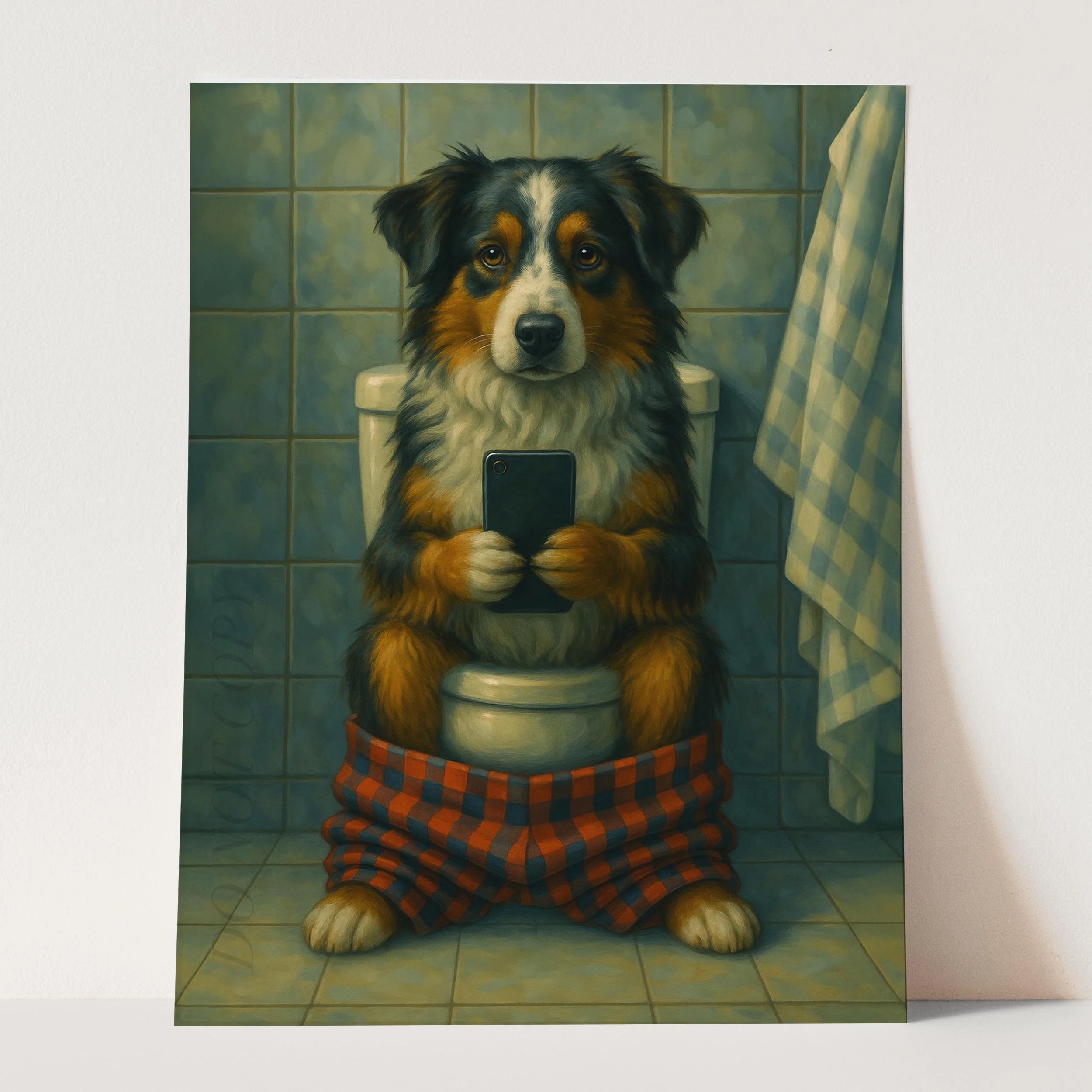 Australian Shepherd Dog On The Phone On The Toilet - Image 3