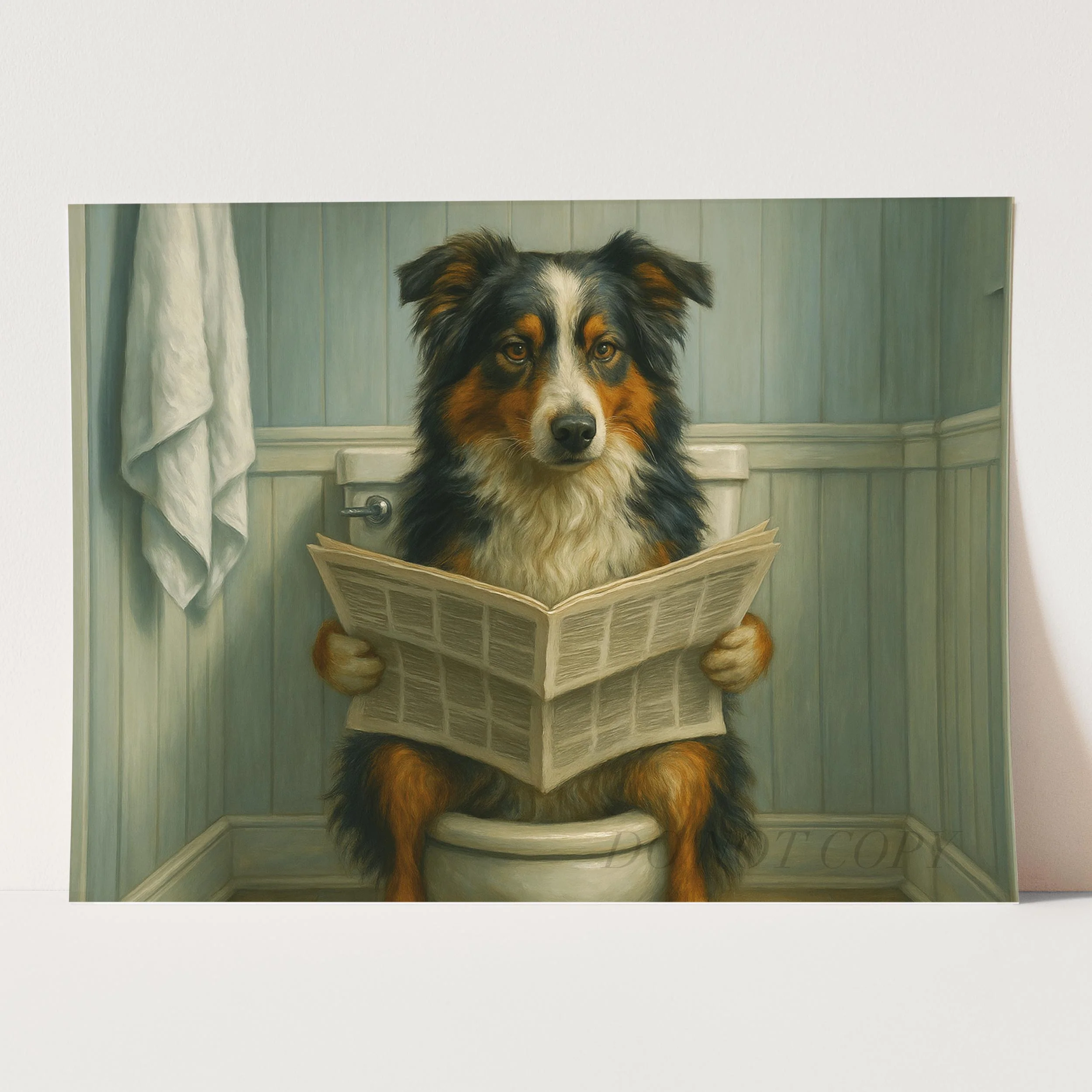 Australian Shepherd Dog On The Toilet Reading The Newspaper - Image 3