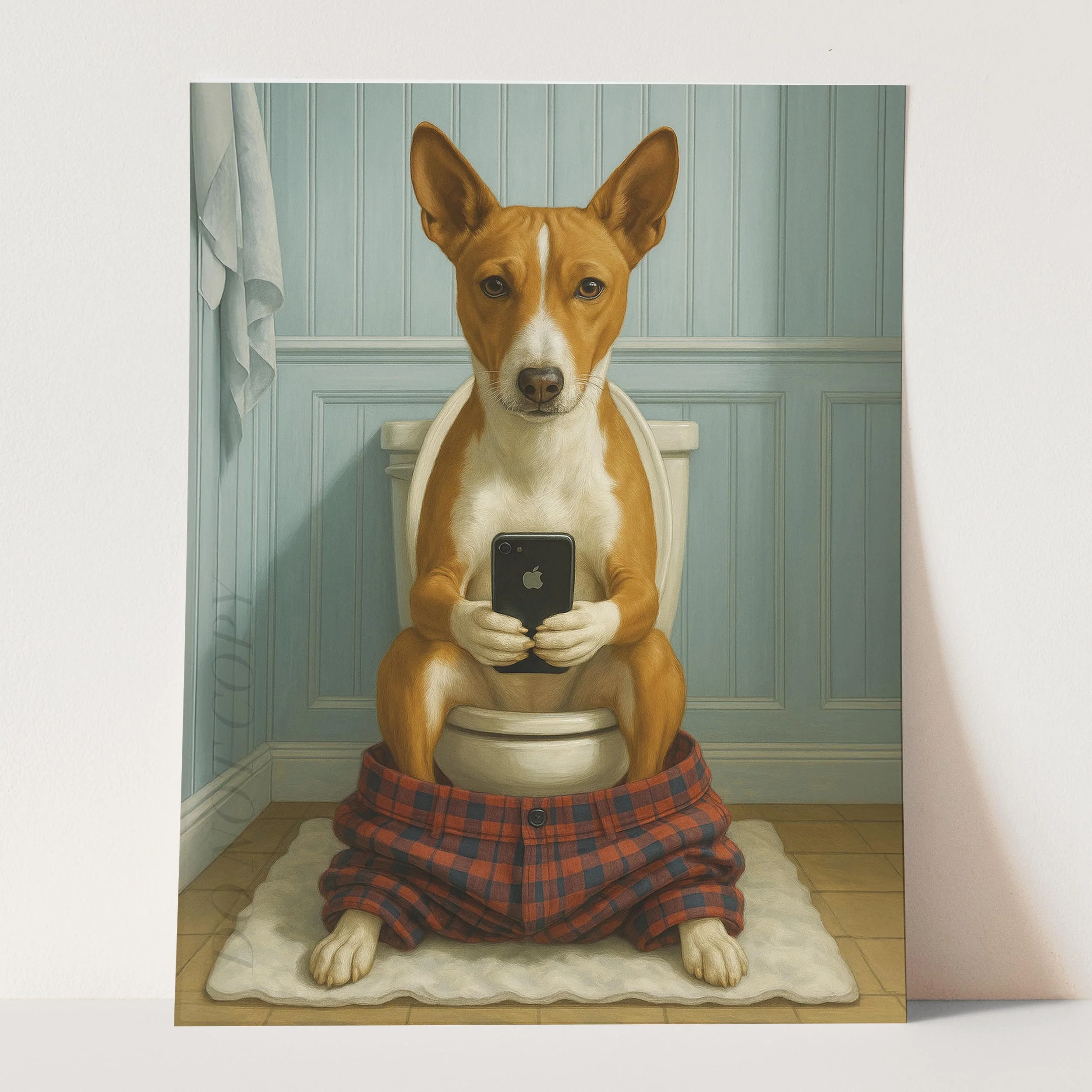 Basenji Dog On The Phone On The Toilet - Image 3
