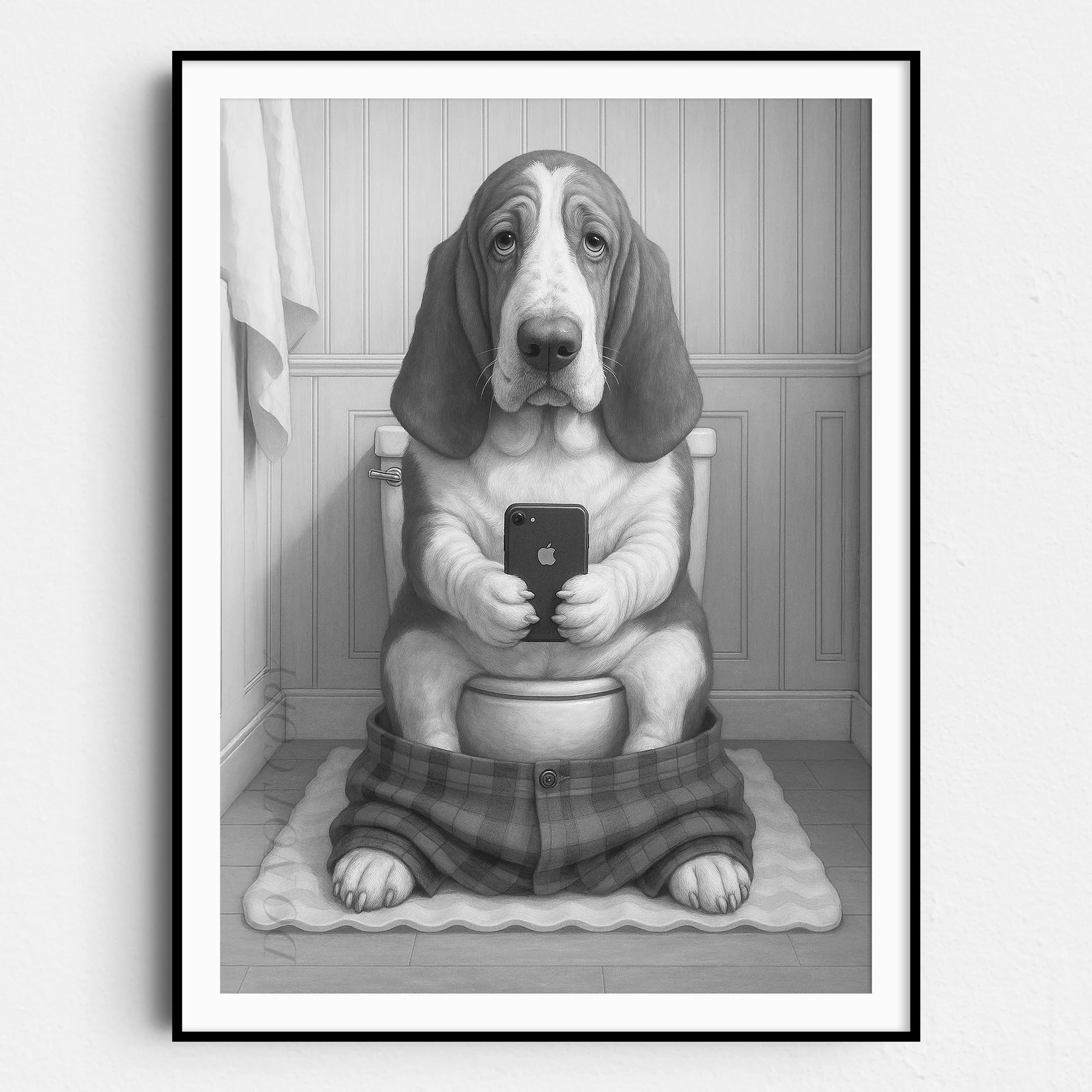 Basset Hound Dog On The Phone On The Toilet