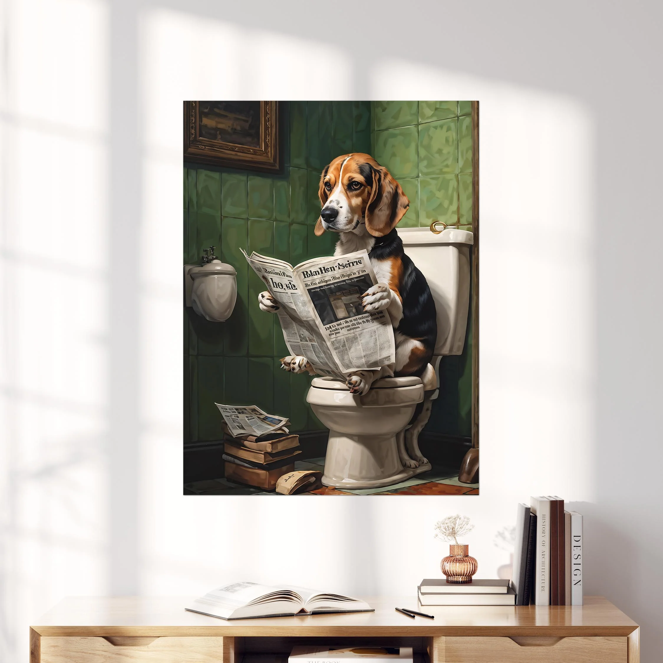 Beagle Reading A Newspaper On The Toilet - Image 4