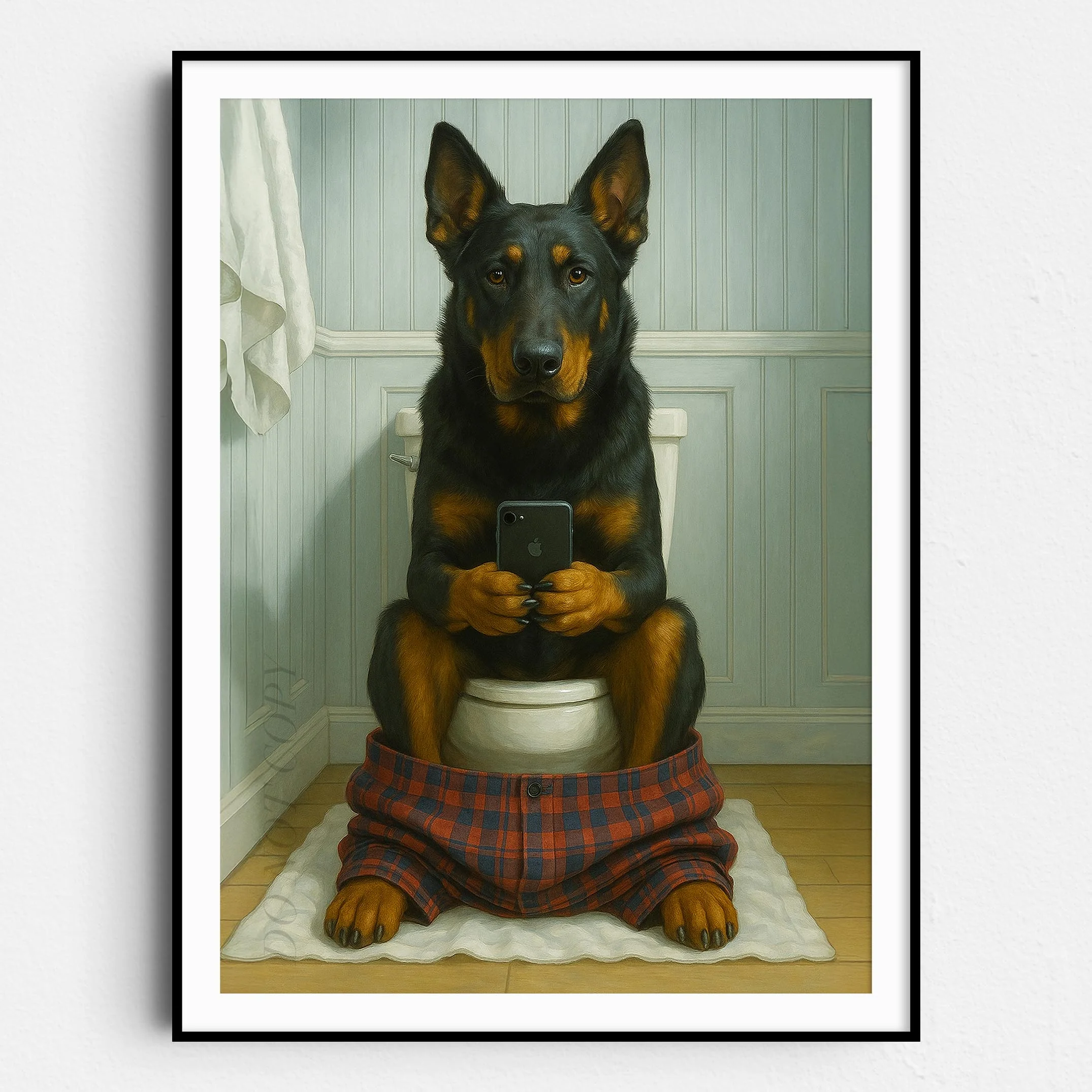 Beauceron Dog On The Phone On The Toilet