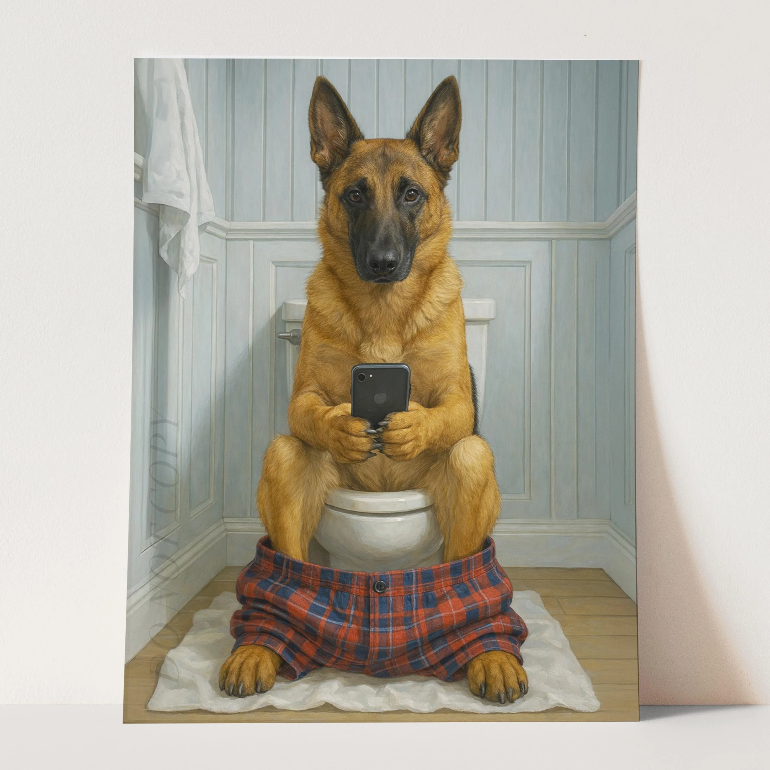 Belgian Malinois Dog On The Phone On The Toilet - Image 3