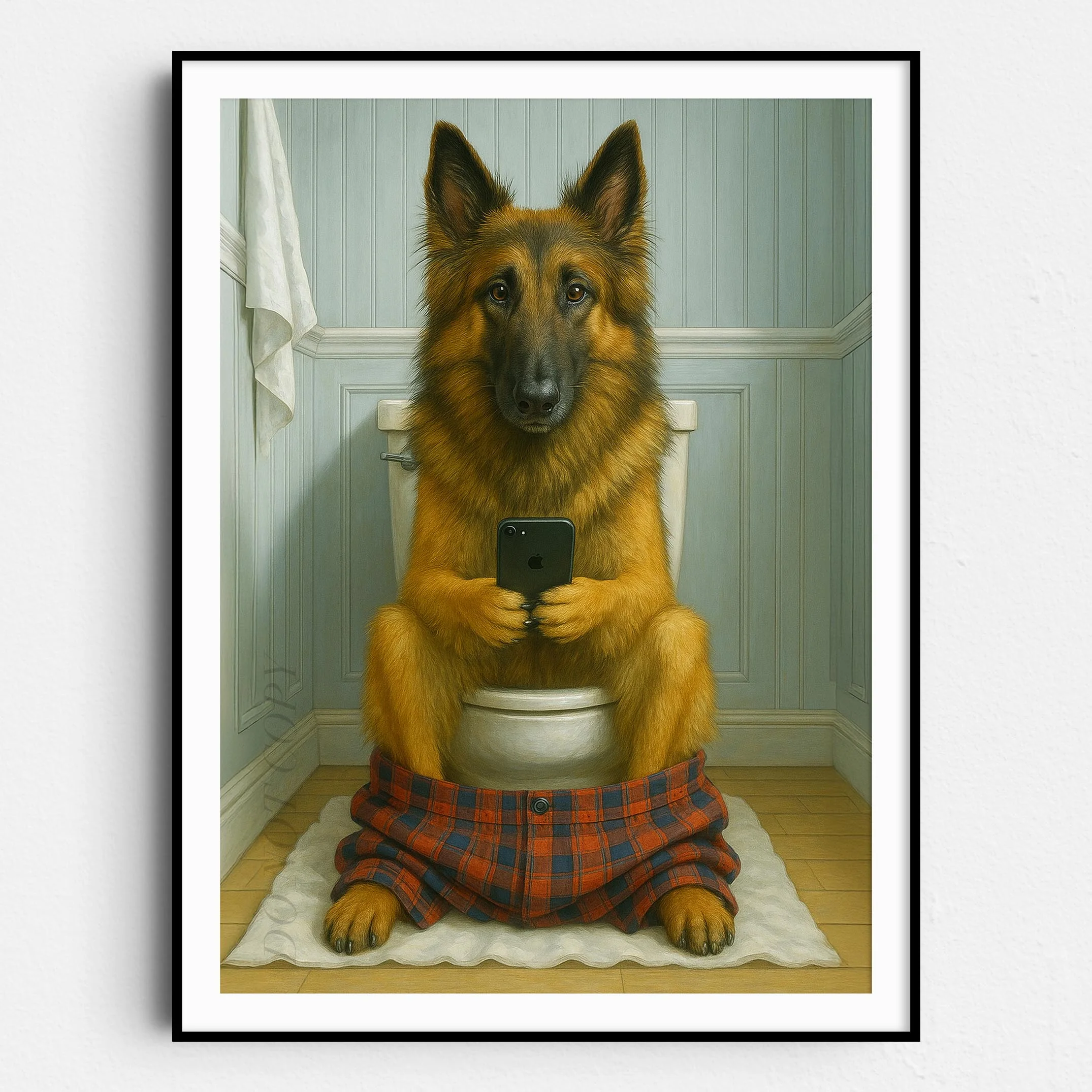 Belgian Tervuren Dog On The Phone On The Toilet