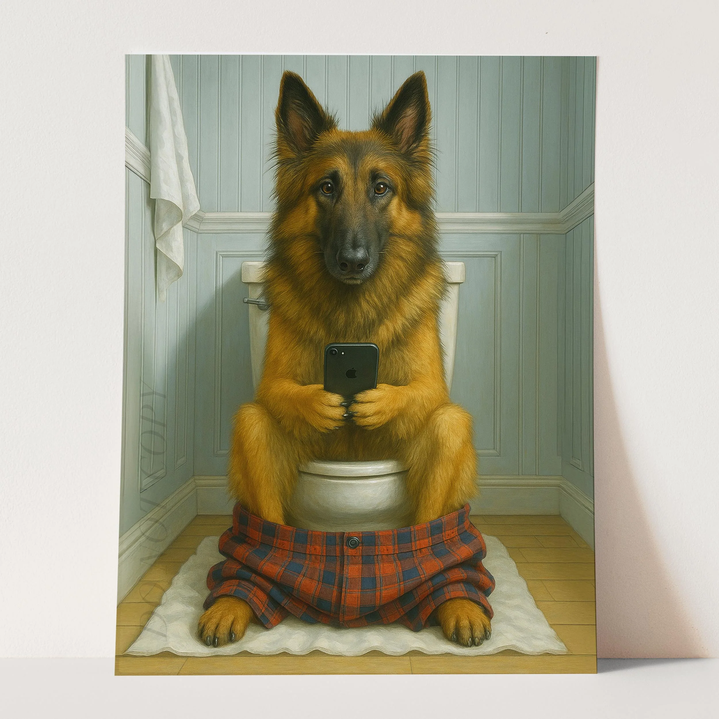 Belgian Tervuren Dog On The Phone On The Toilet - Image 3