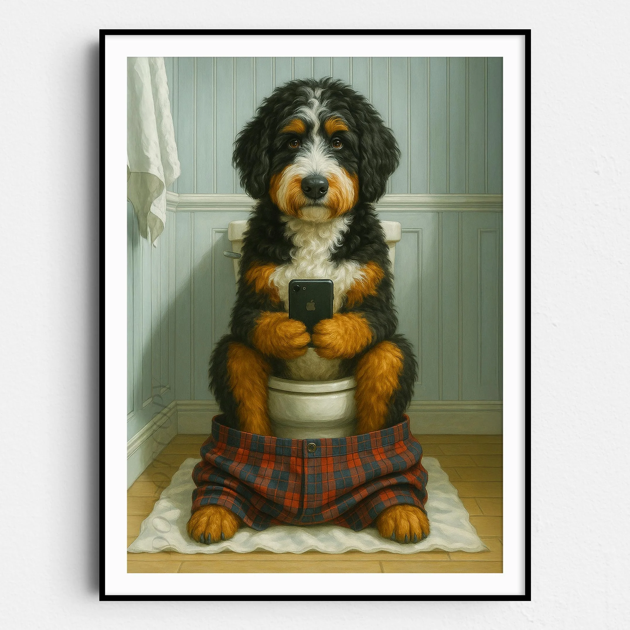 Bernedoodle Dog On The Phone On The Toilet