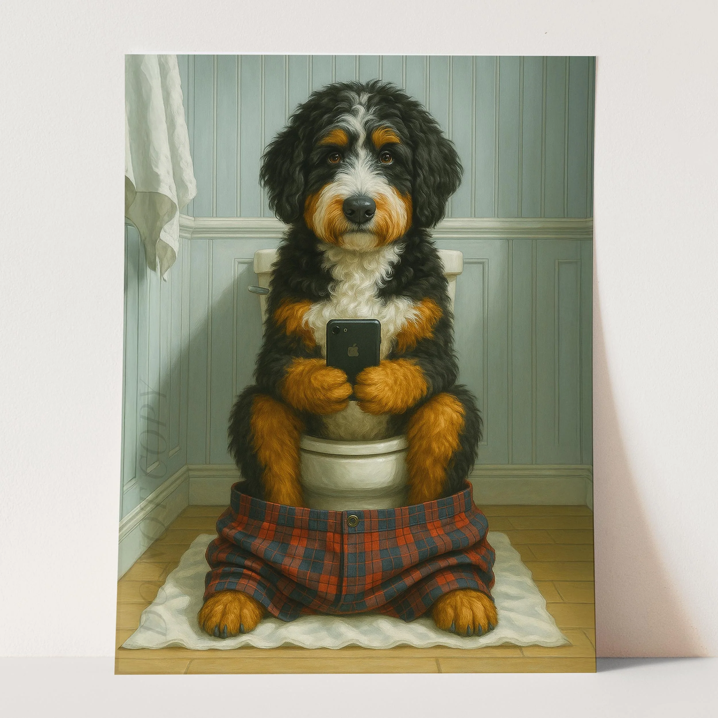 Bernedoodle Dog On The Phone On The Toilet - Image 3