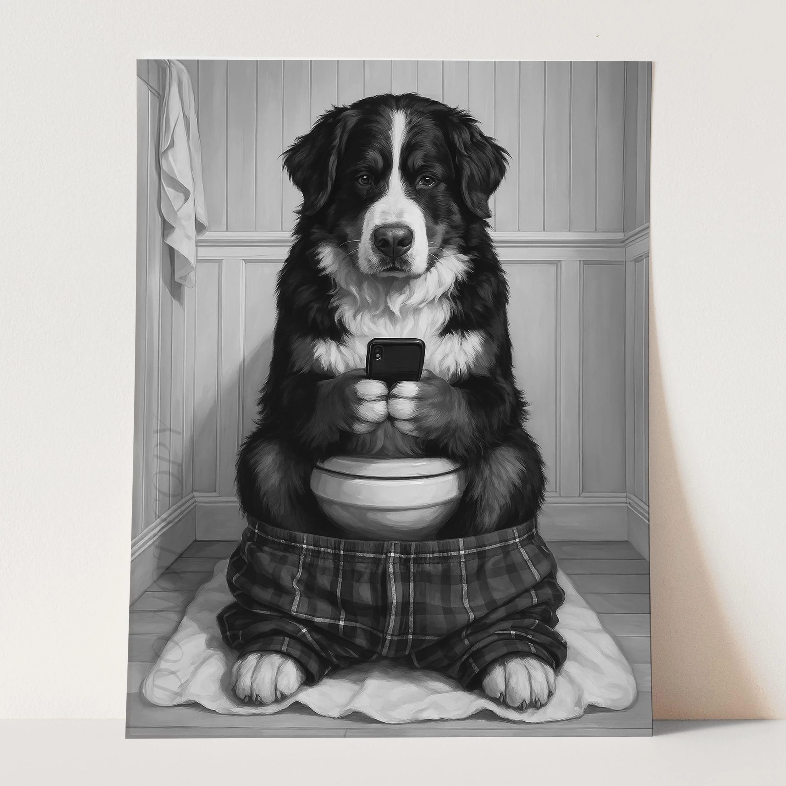 Bernese Mountain Dog On The Phone On The Toilet - Image 3