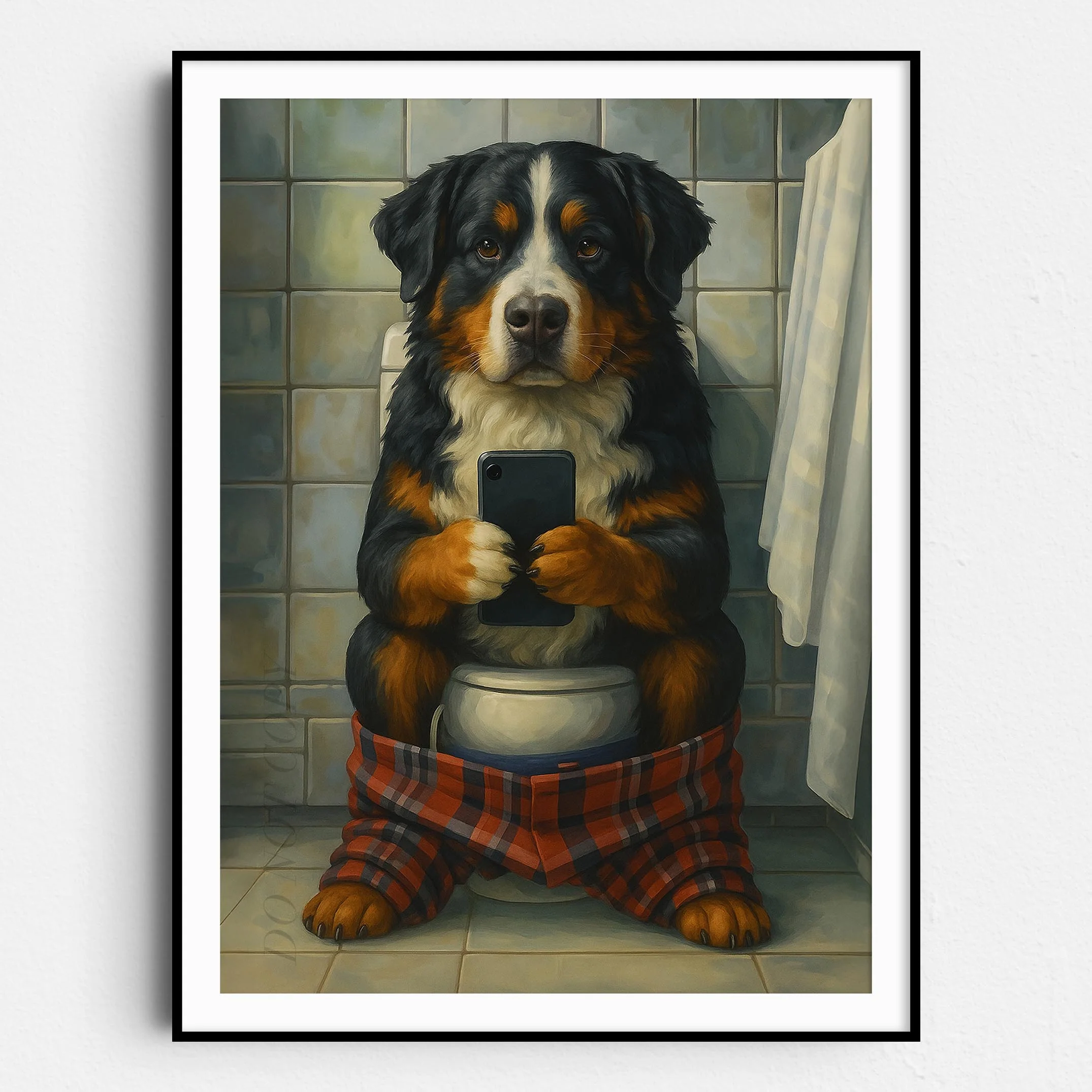 Bernese Mountain Dog On The Toilet On The Phone