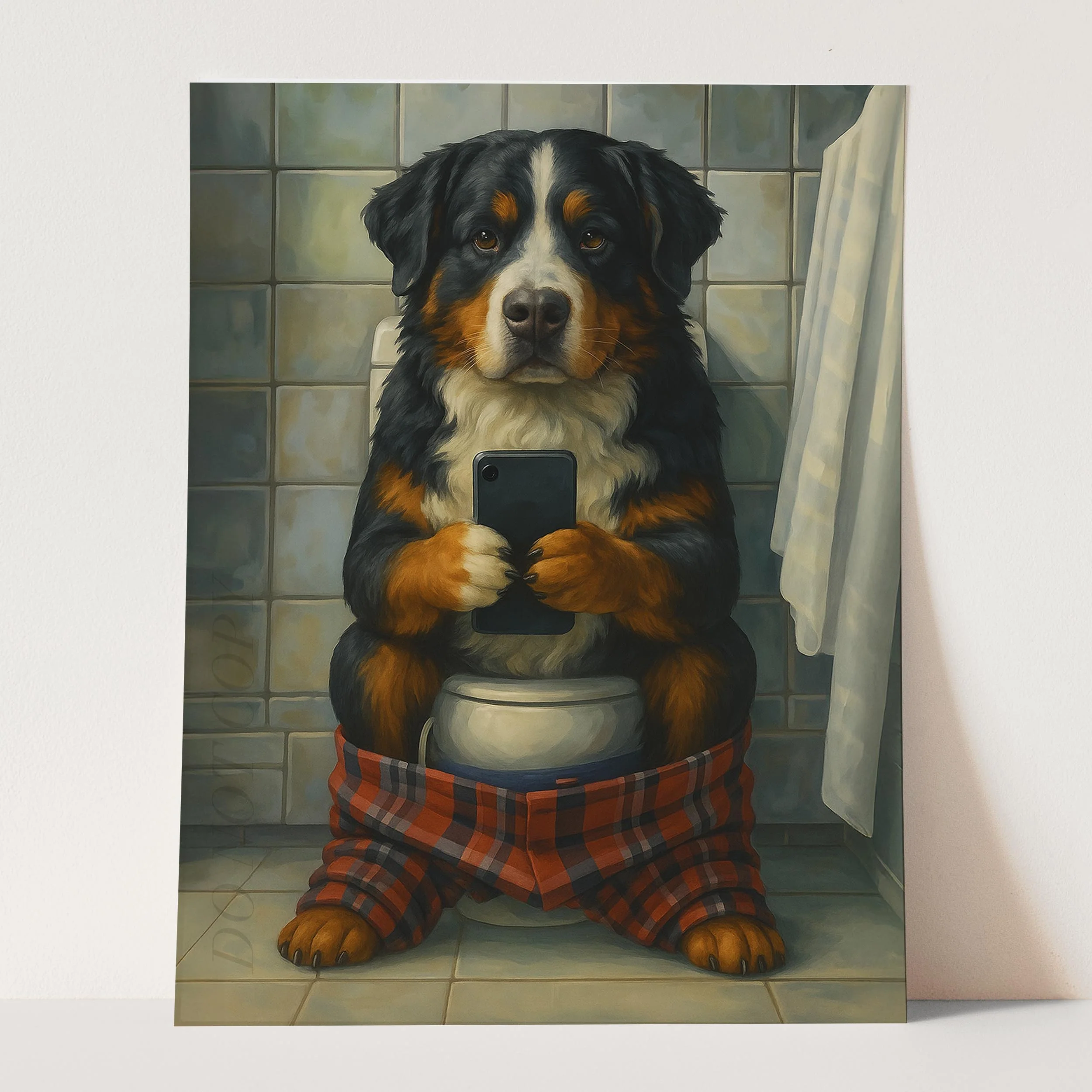 Bernese Mountain Dog On The Toilet On The Phone - Image 3