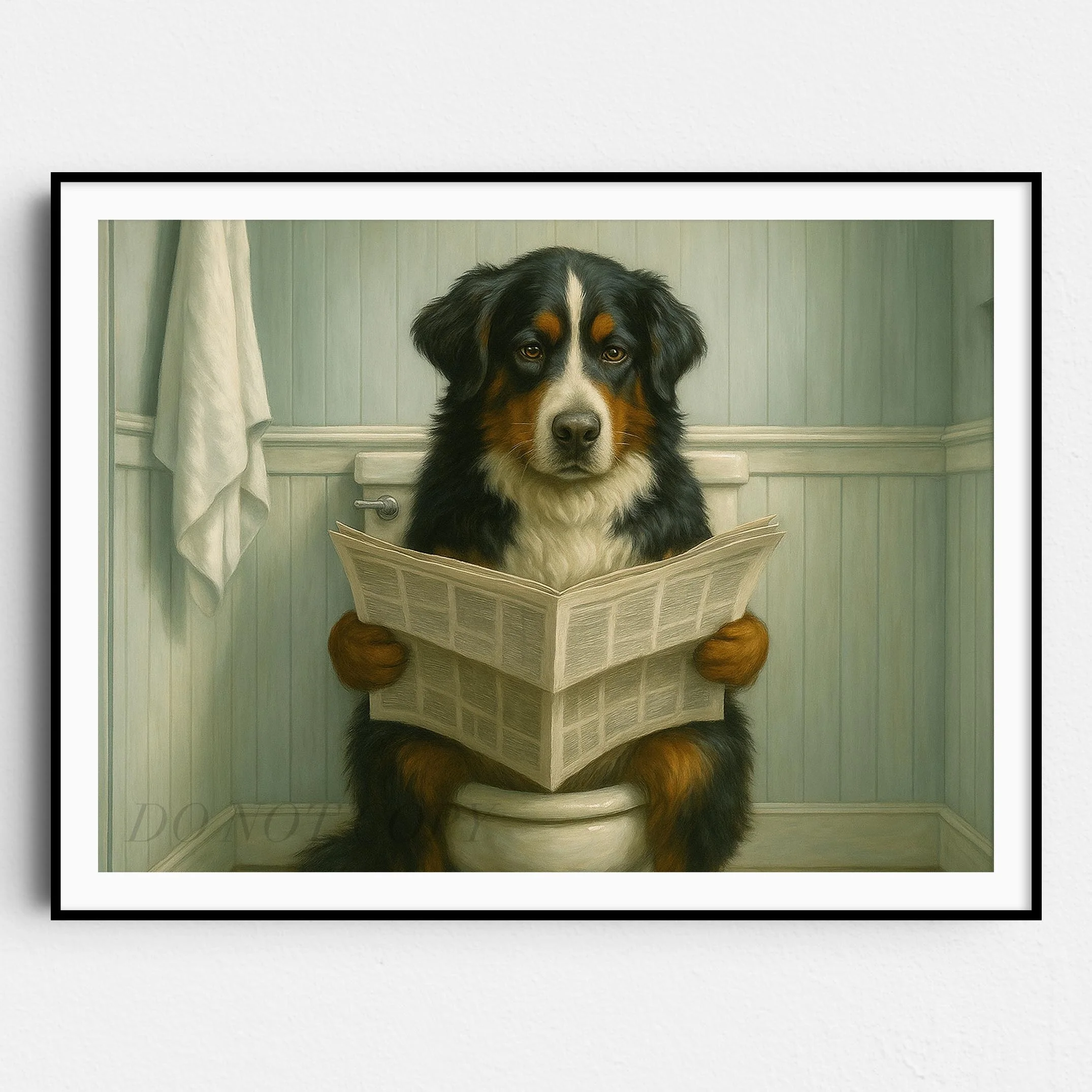 Bernese Mountain Dog Reading The Newspaper On The Toilet