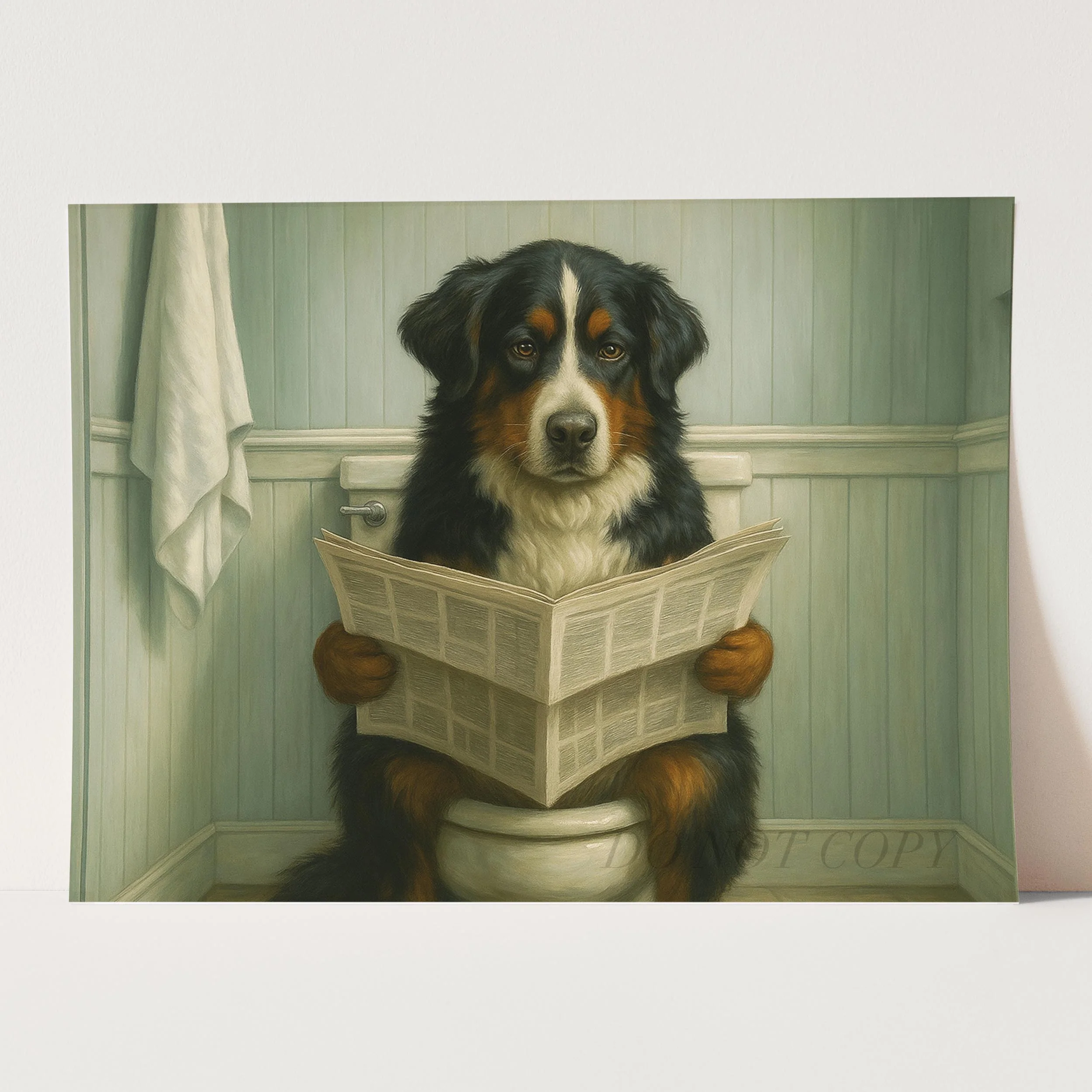 Bernese Mountain Dog Reading The Newspaper On The Toilet - Image 3