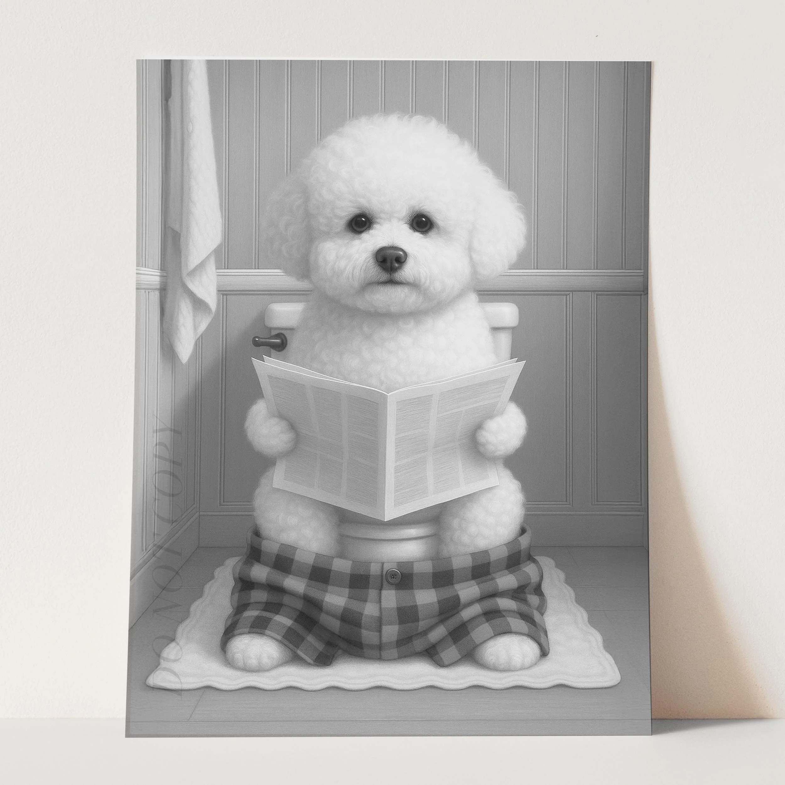 Bichon Frise Dog Reading The Newspaper On The Toilet - Image 3