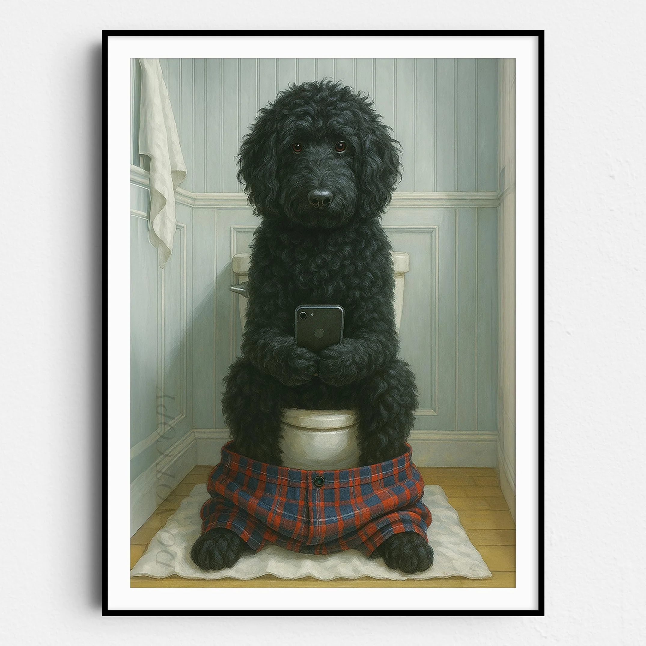 Black Golden Doodle Dog On The Phone On The Toilet