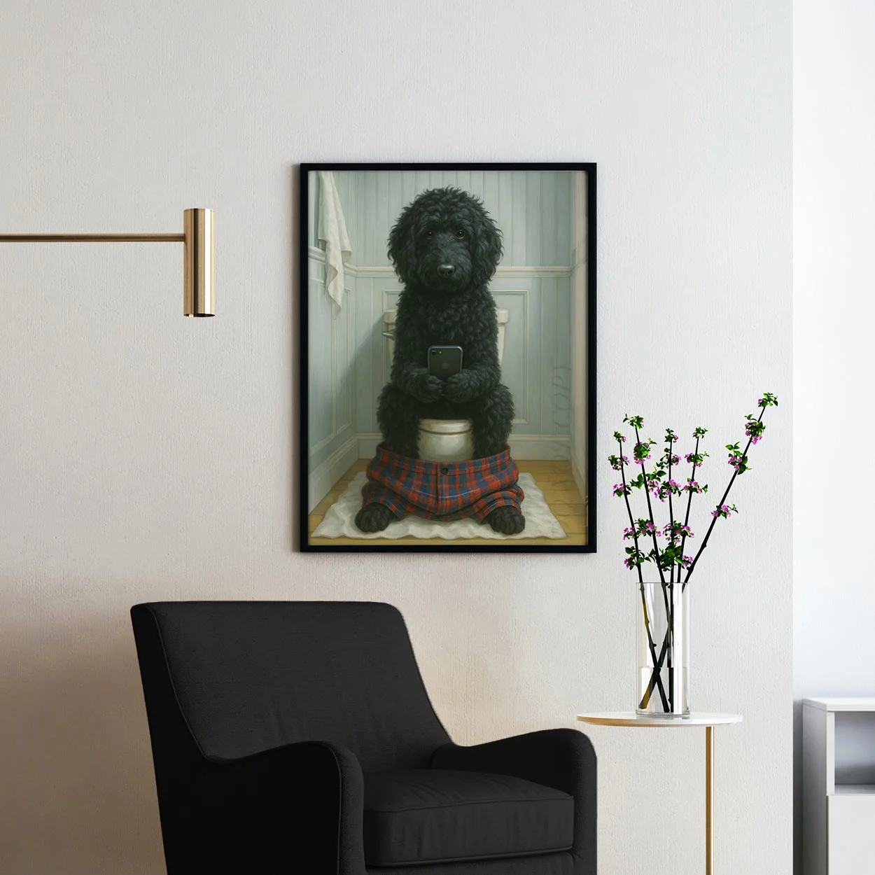 Black Golden Doodle Dog On The Phone On The Toilet - Image 2