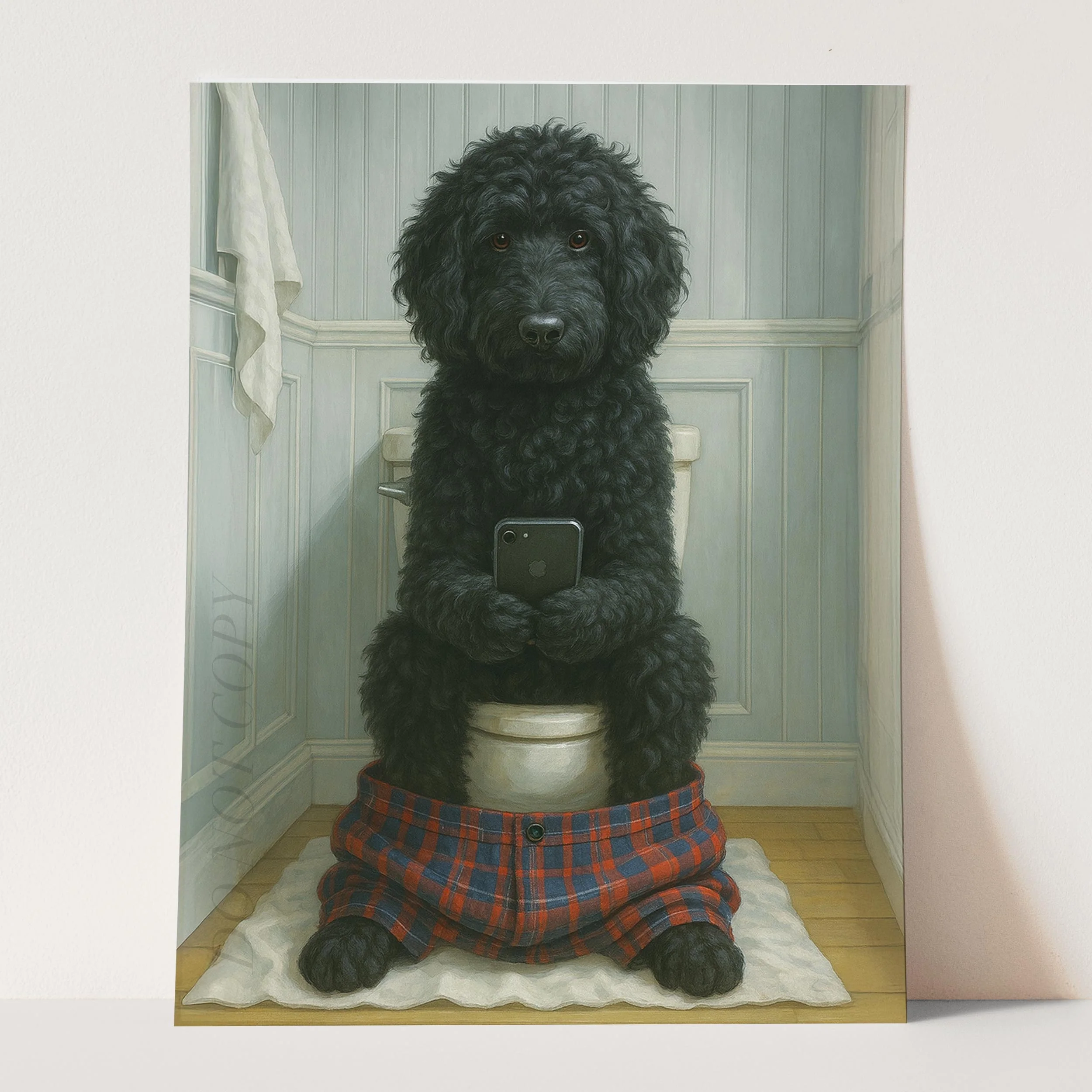 Black Golden Doodle Dog On The Phone On The Toilet - Image 3