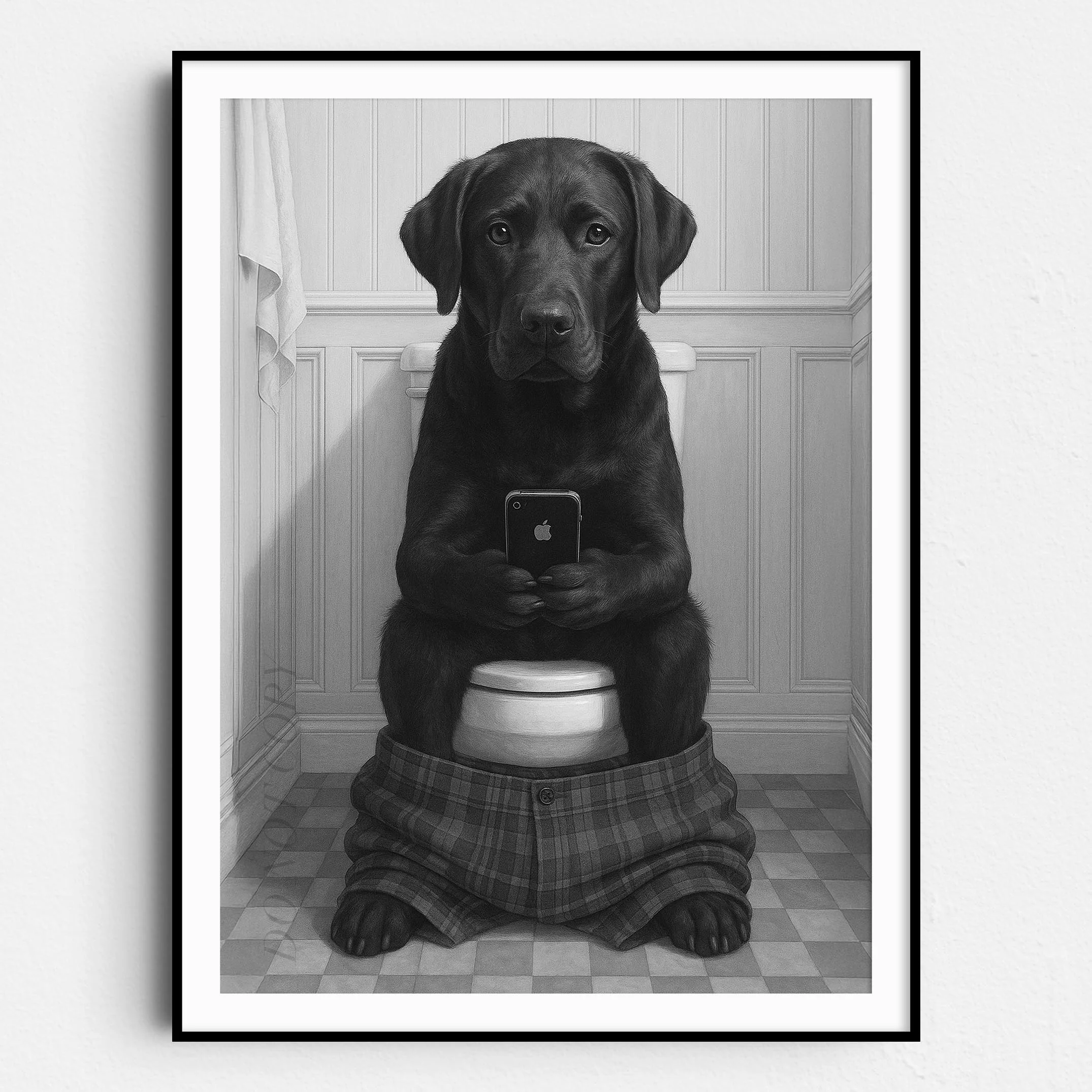 Black Labrador Retriever Dog On The Phone On The Toilet