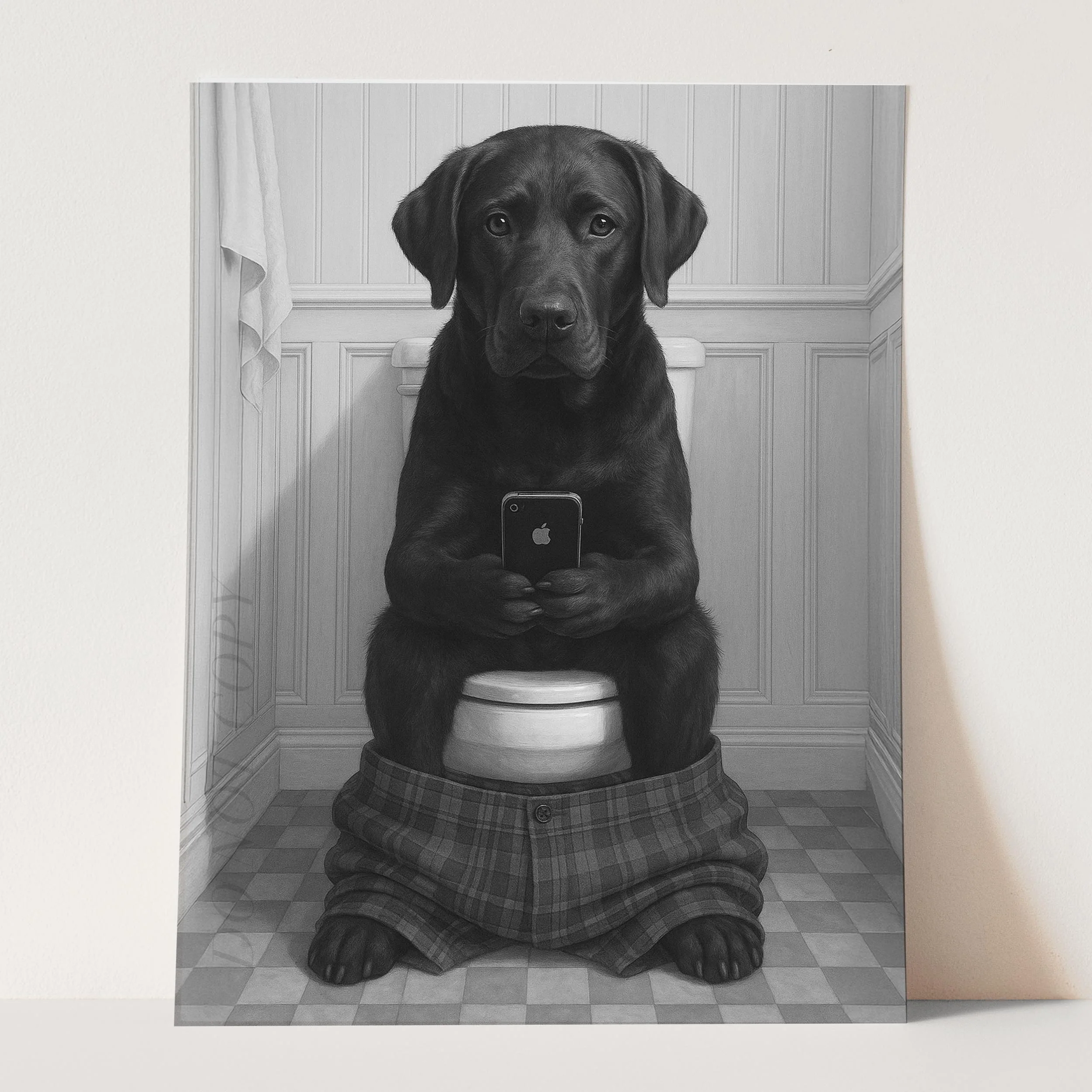 Black Labrador Retriever Dog On The Phone On The Toilet - Image 3