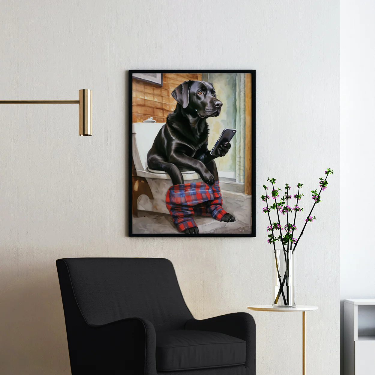 Black Labrador Retriever On Phone On Toilet - Image 2