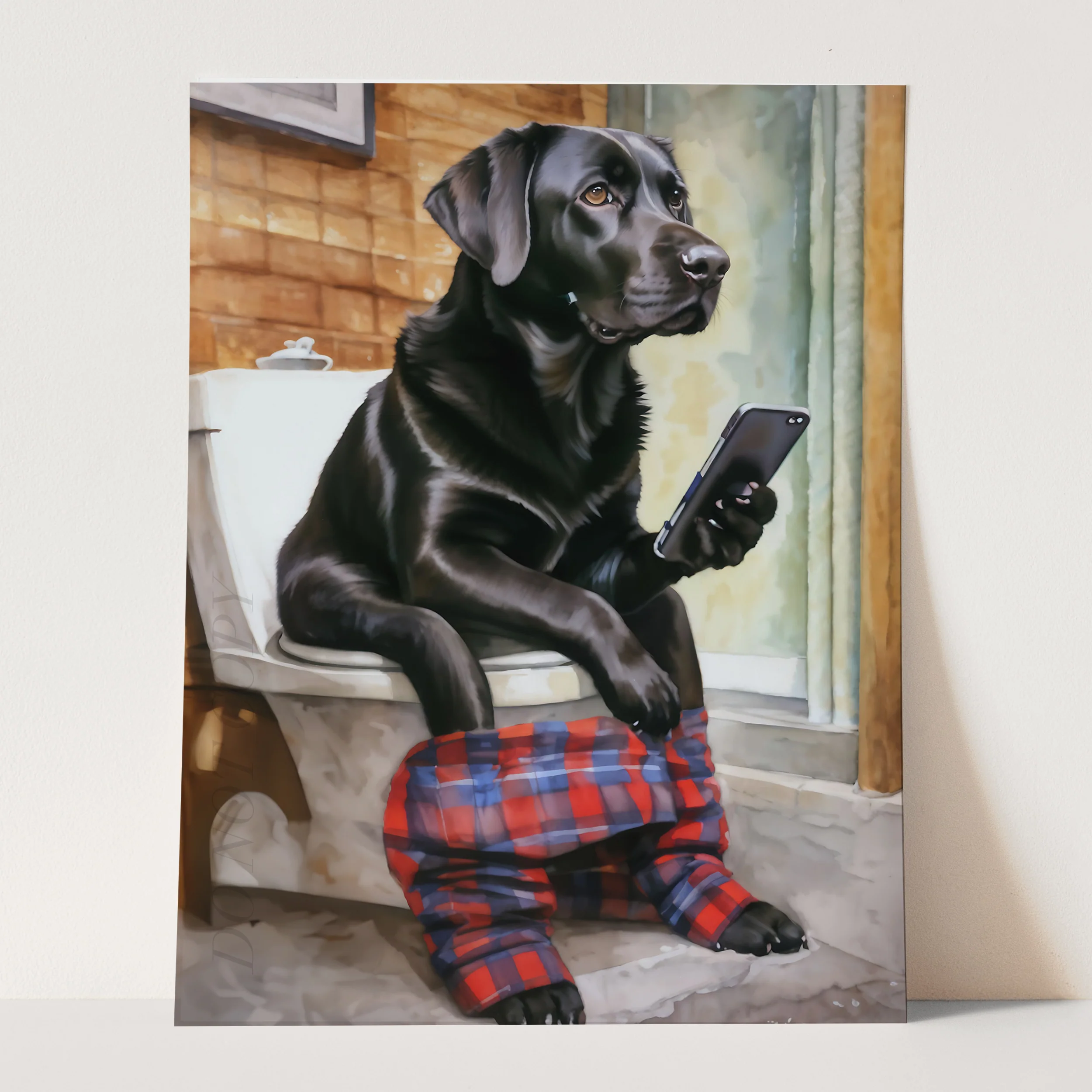 Black Labrador Retriever On Phone On Toilet - Image 3