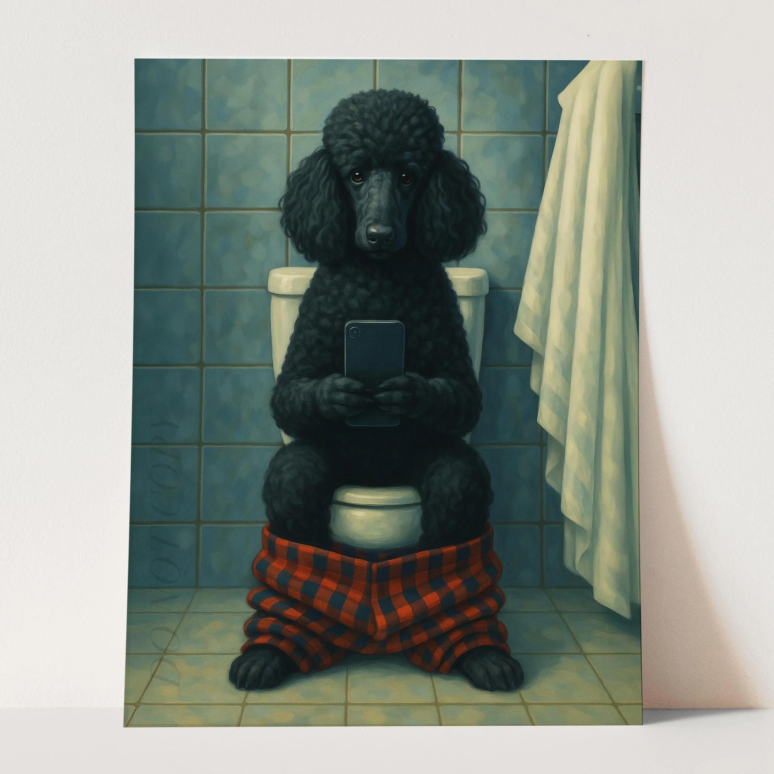 Black Poodle Dog On The Phone On The Toilet - Image 3