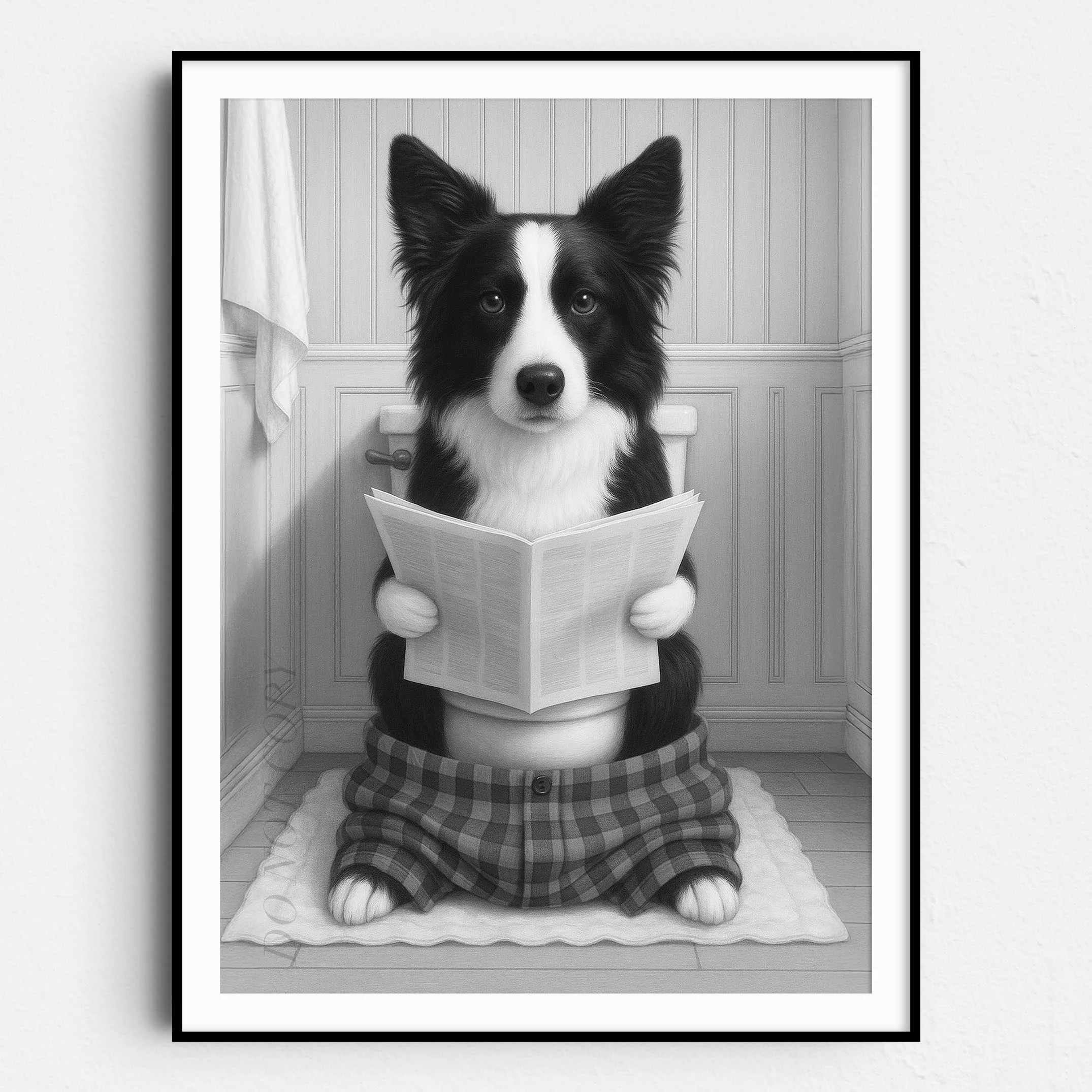 Border Collie Dog Reading The Newspaper On The Toilet