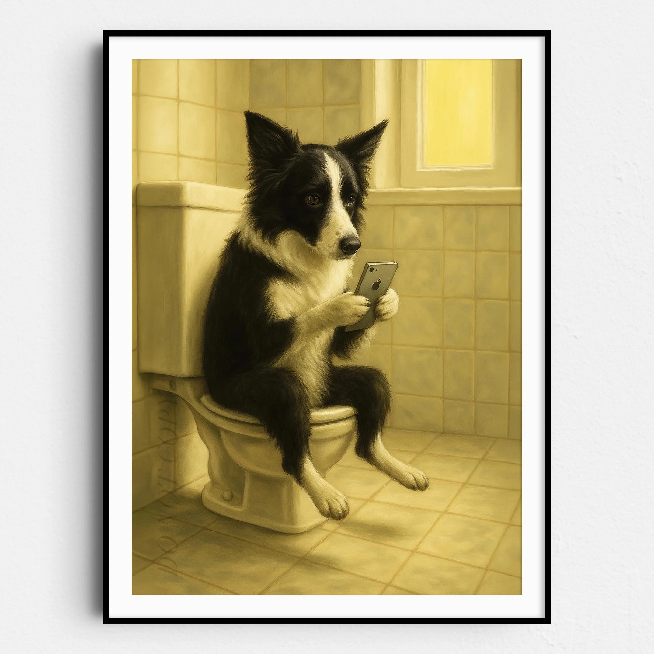 Border Collie On The Phone On The Toilet