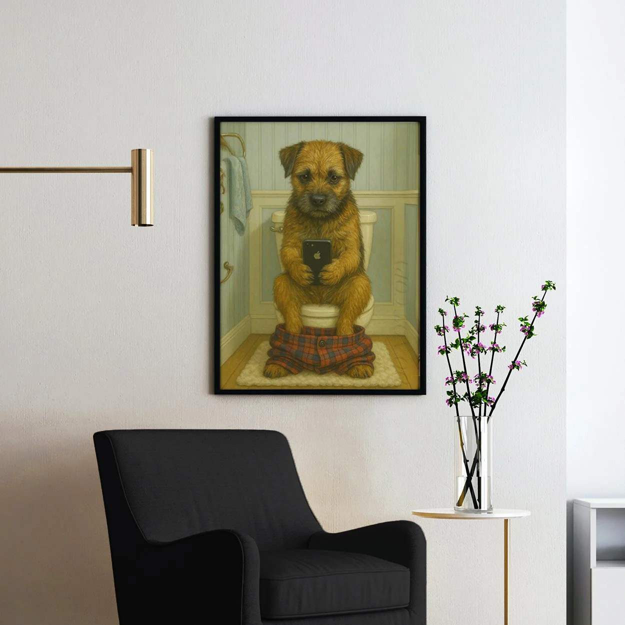 Border Terrier Dog On The Phone On The Toilet - Image 2