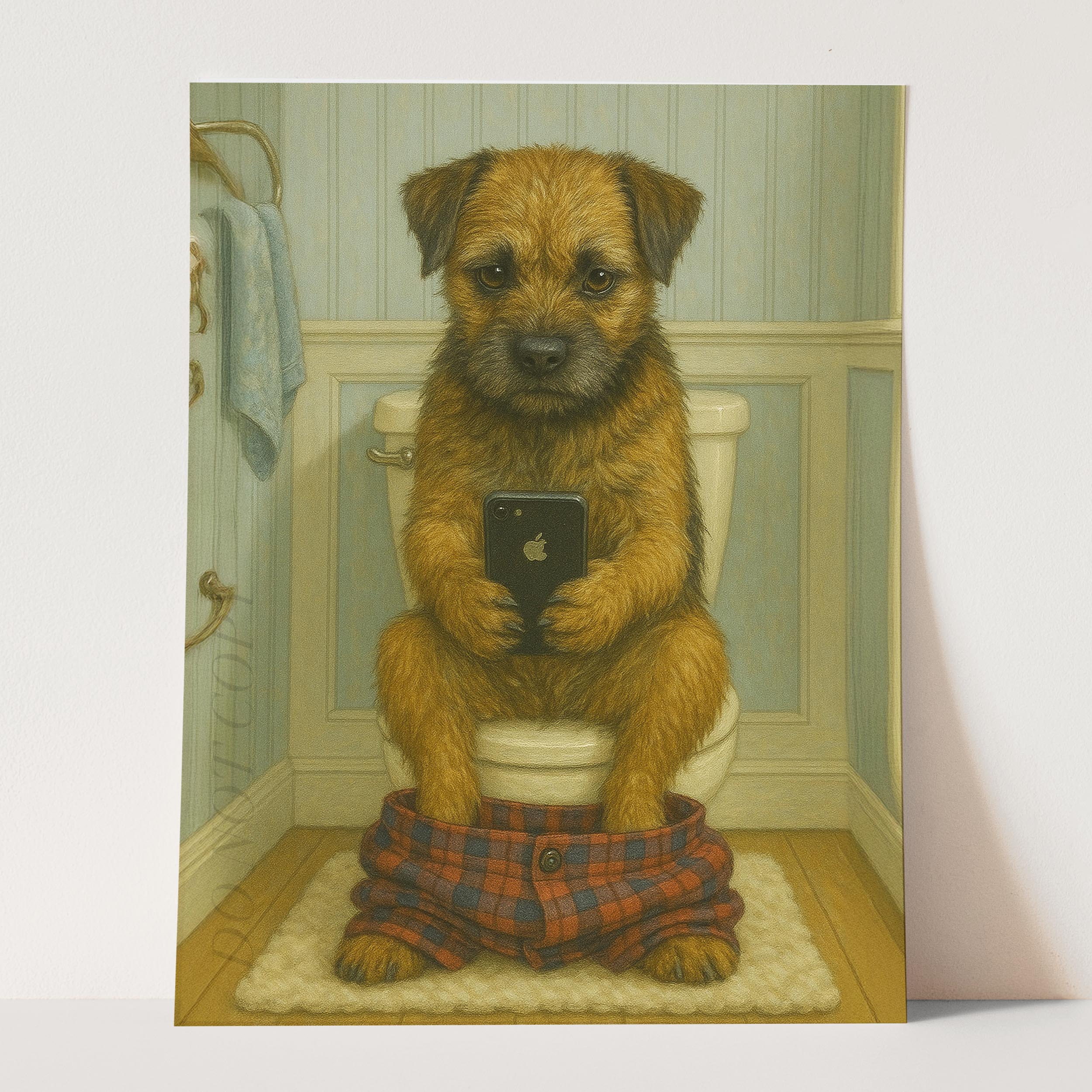 Border Terrier Dog On The Phone On The Toilet - Image 3