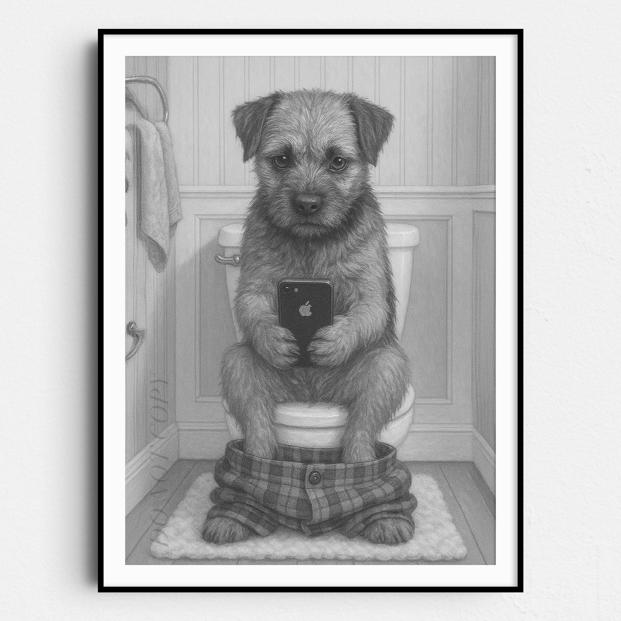 Border Terrier Dog On The Phone On The Toilet