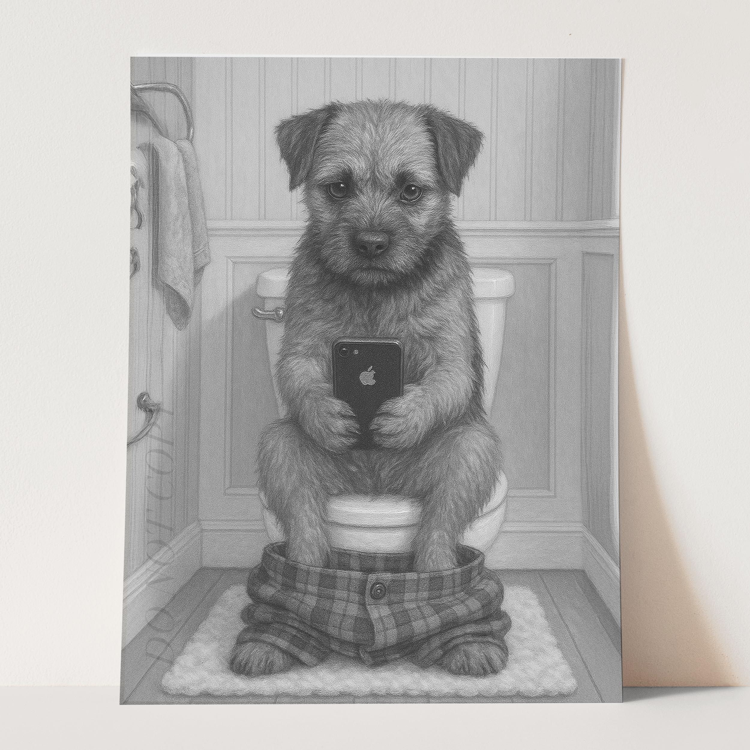 Border Terrier Dog On The Phone On The Toilet - Image 3