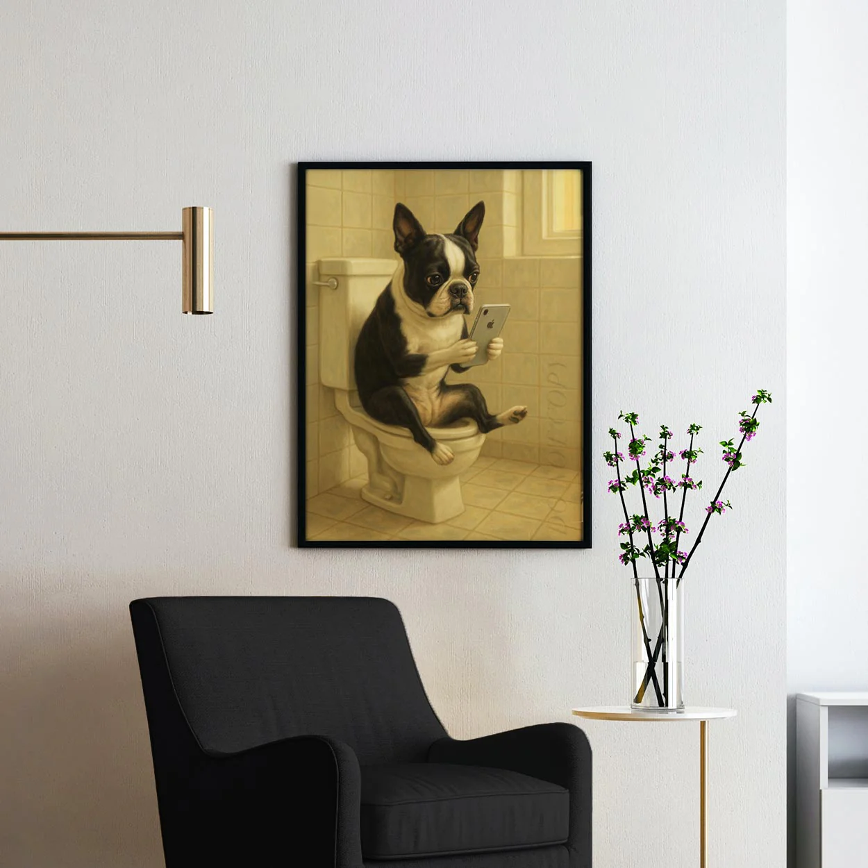 Boston Terrier Dog On The Phone On The Toilet - Image 2
