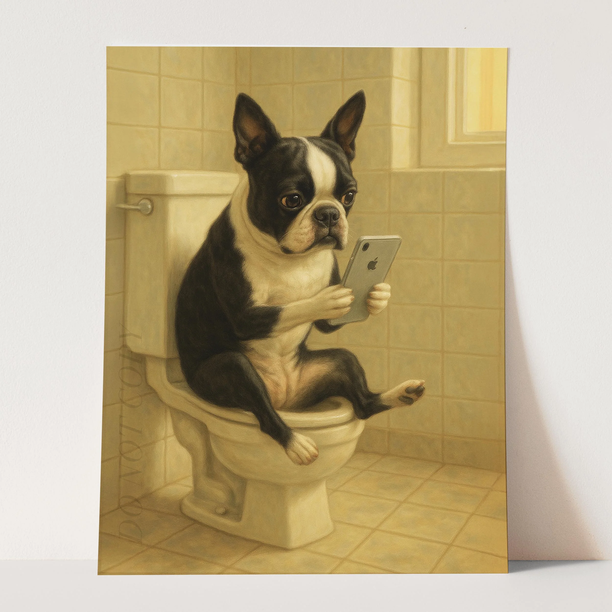 Boston Terrier Dog On The Phone On The Toilet - Image 3