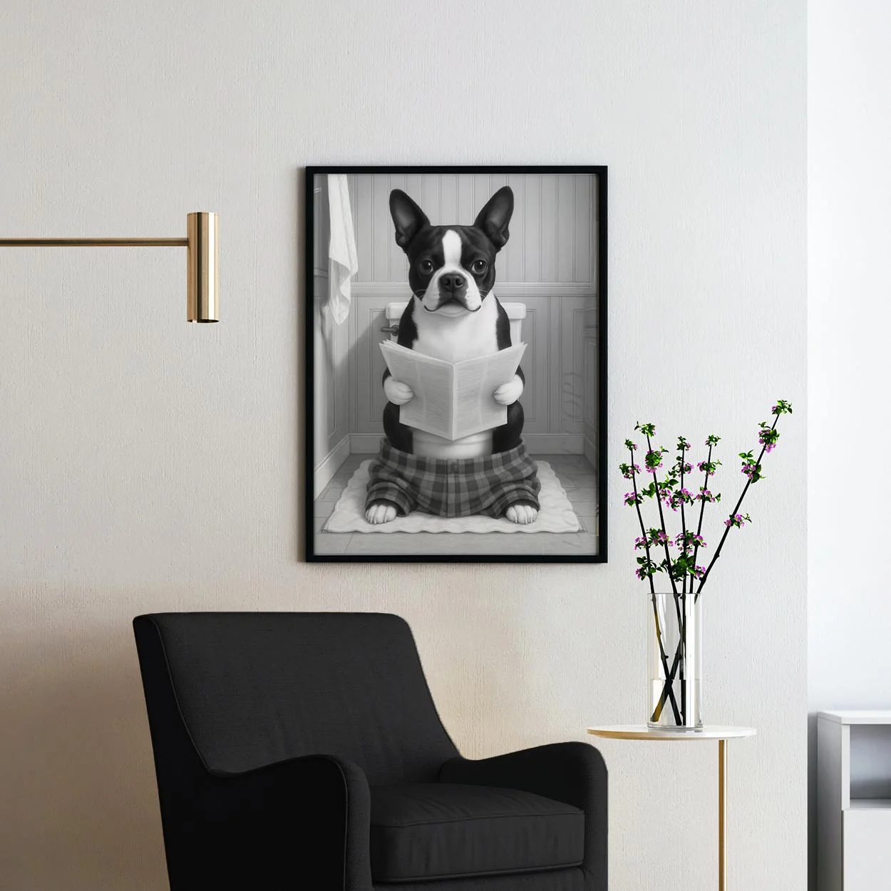 Boston Terrier Dog Reading The Newspaper On The Toilet - Image 2