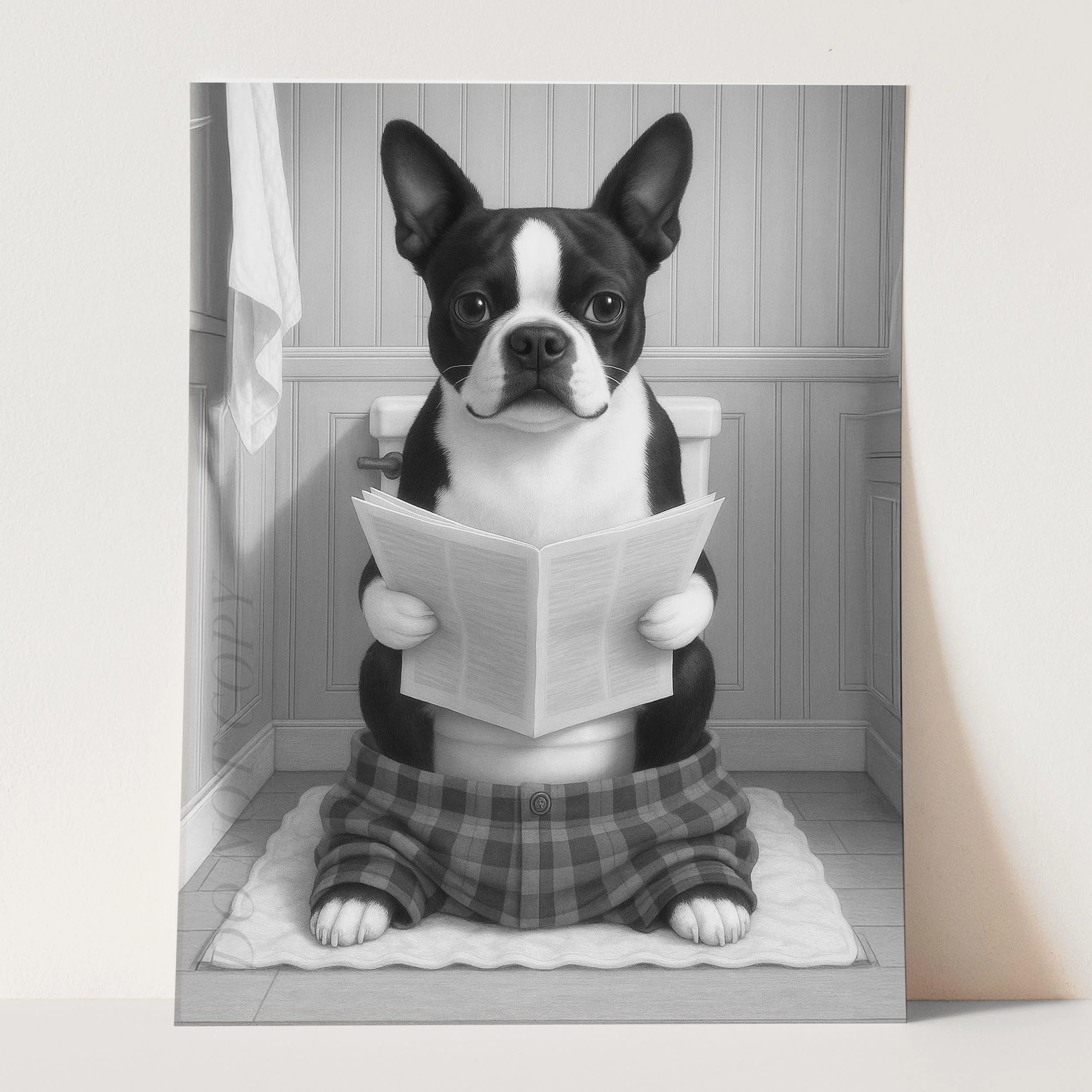 Boston Terrier Dog Reading The Newspaper On The Toilet - Image 3