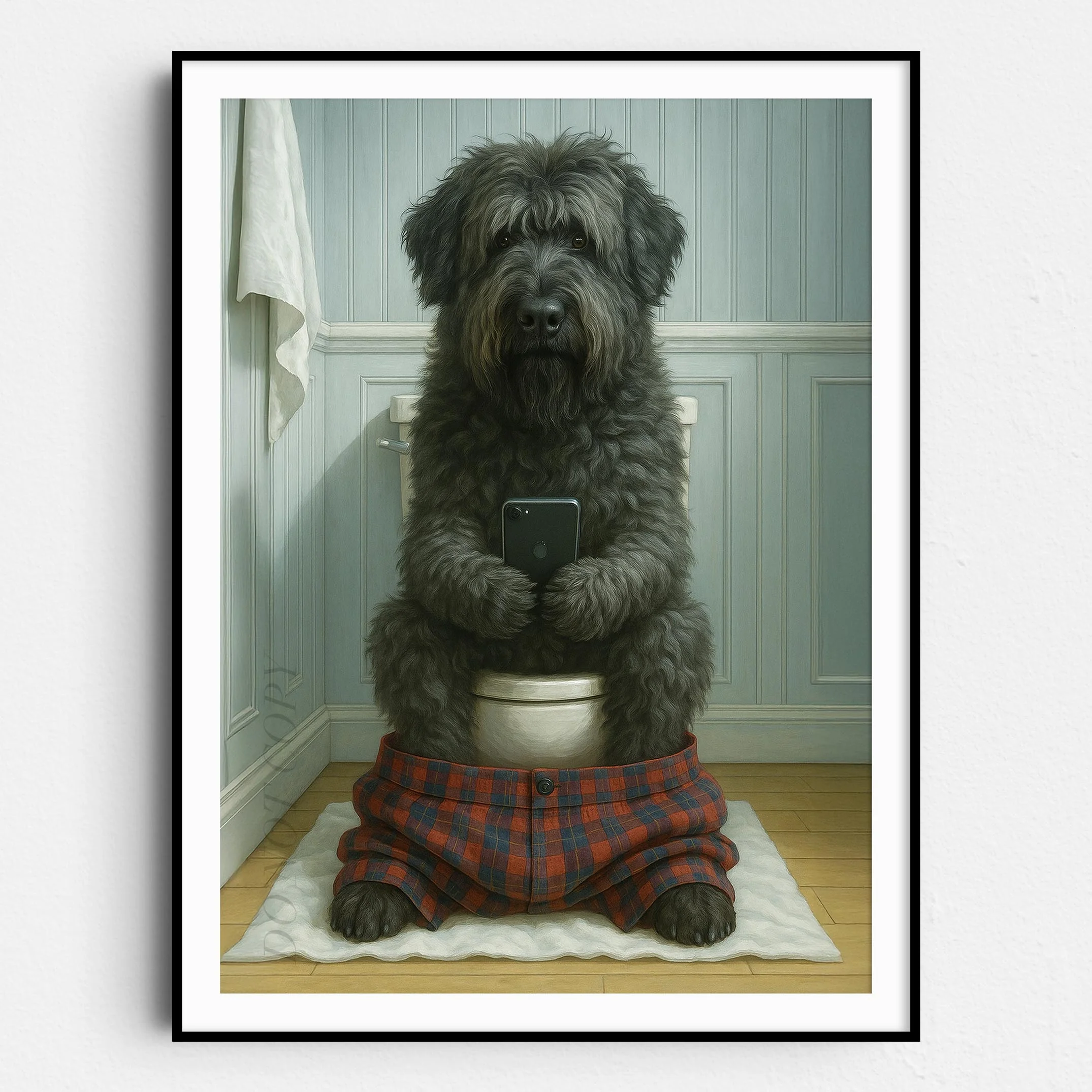 Bouvier des Flandres Dog On The Phone On The Toilet