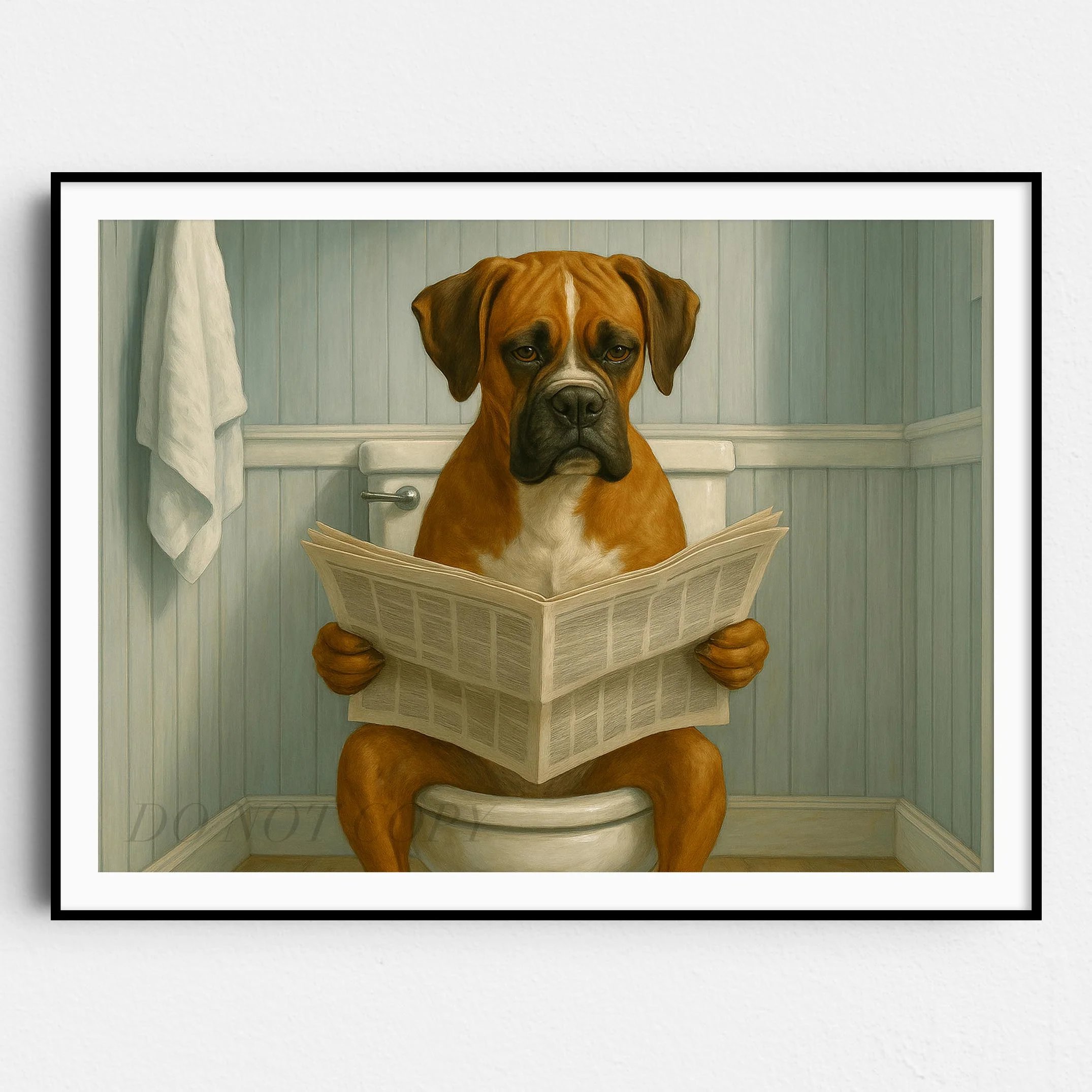 Boxer Dog Reading The Newspaper On The Toilet