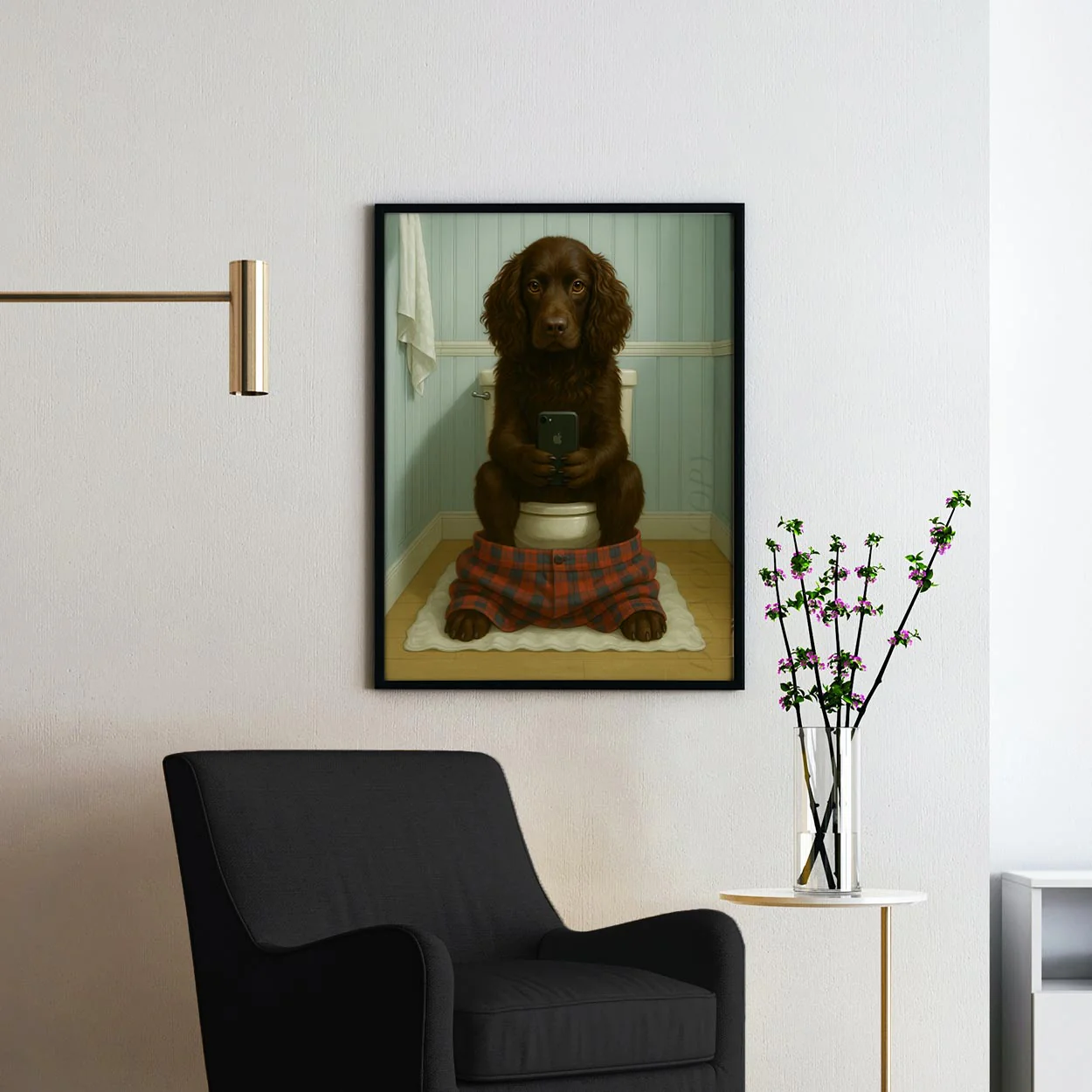 Boykin Spaniel Dog On The Phone On The Toilet - Image 2