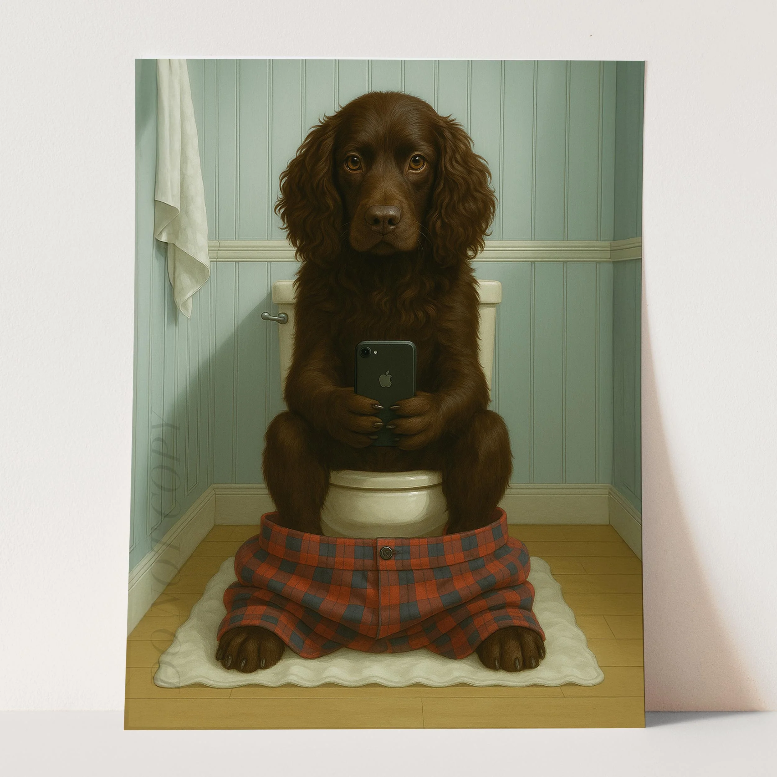 Boykin Spaniel Dog On The Phone On The Toilet - Image 3