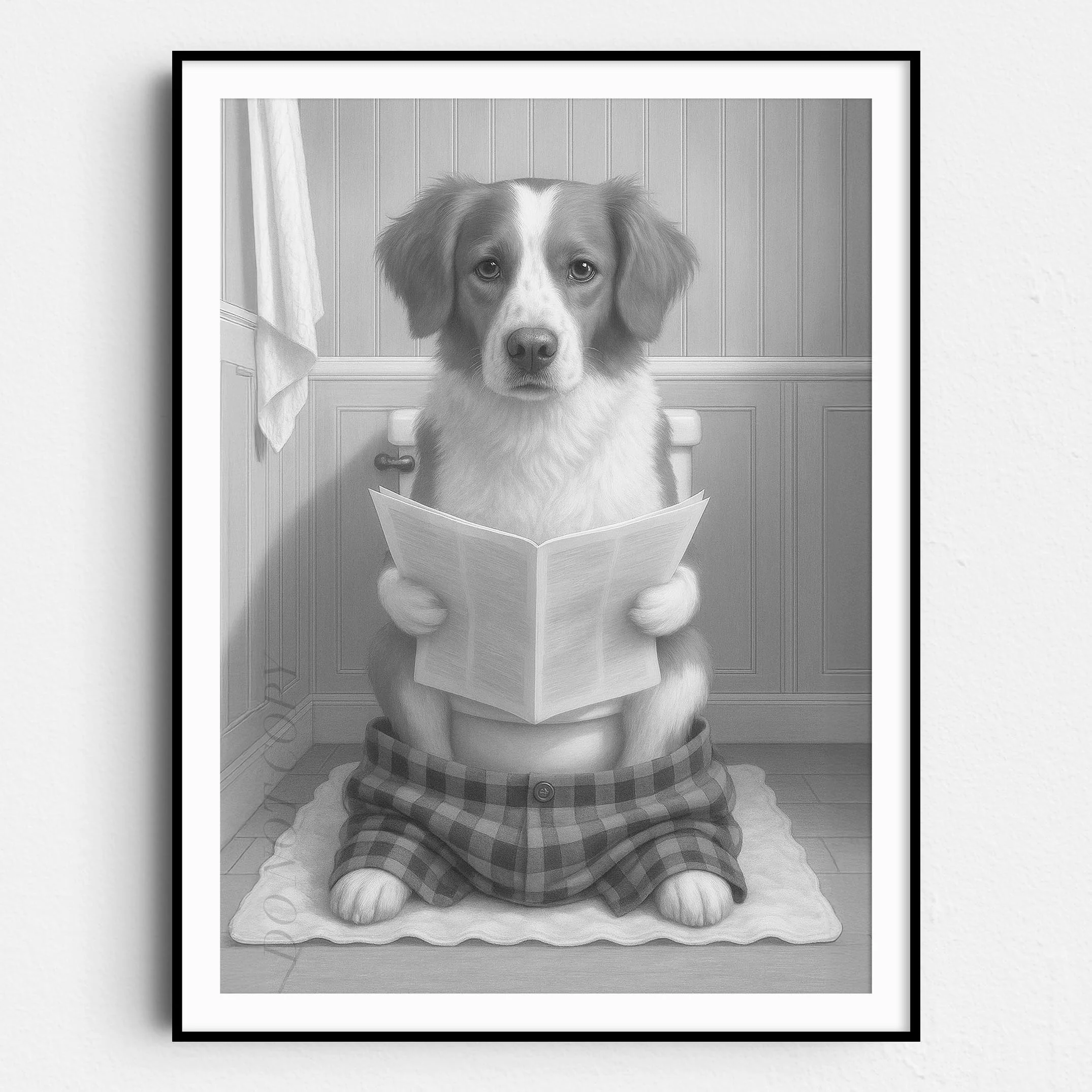 Brittany Dog Reading The Newspaper On The Toilet