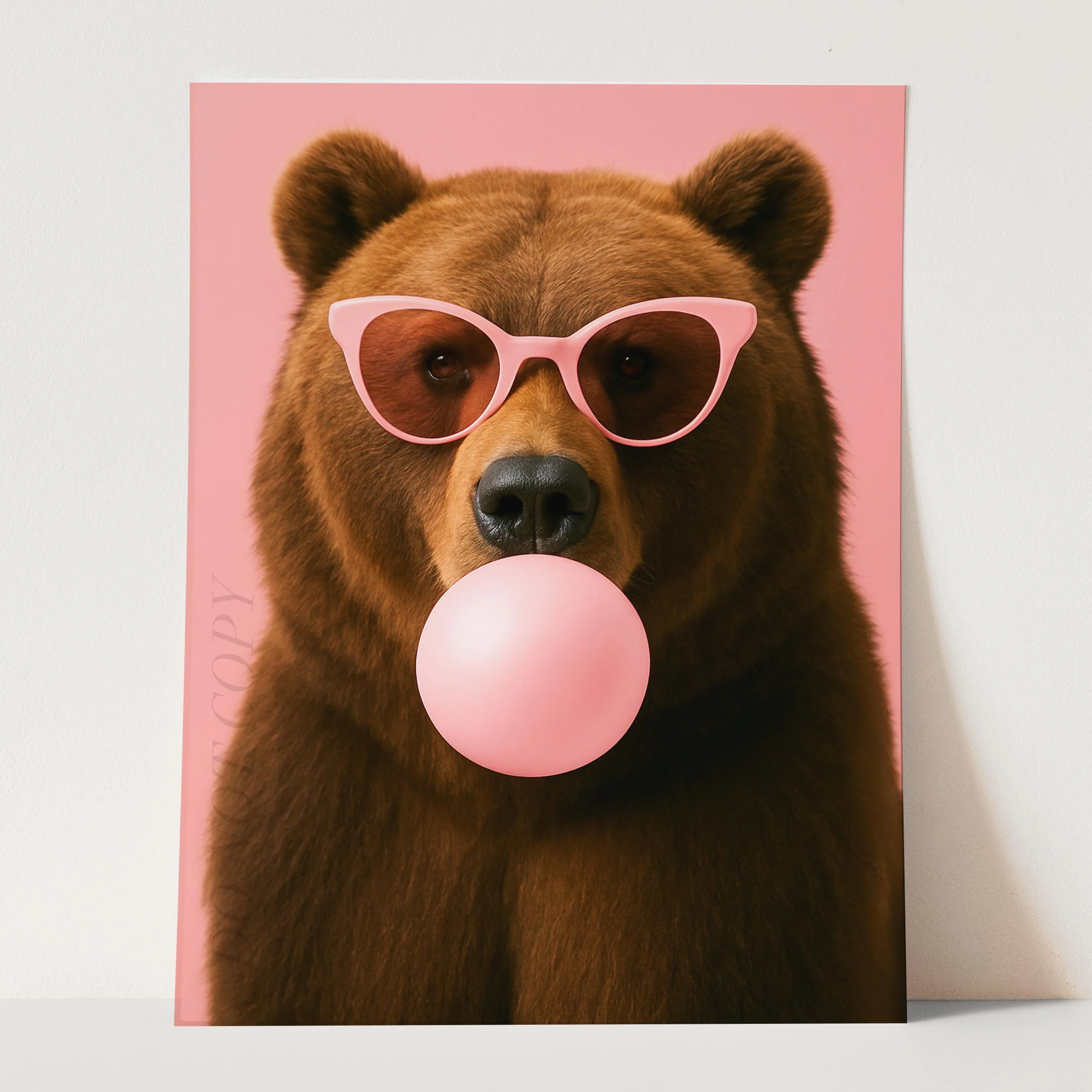 Brown Bear With Sunglasses Blowing Pink Bubble Gum - Image 3