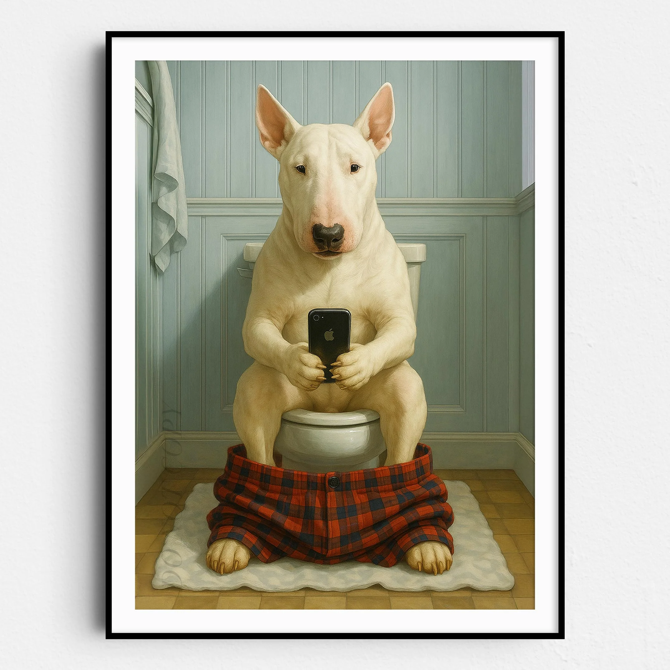 Bull Terrier Dog On The Phone On The Toilet