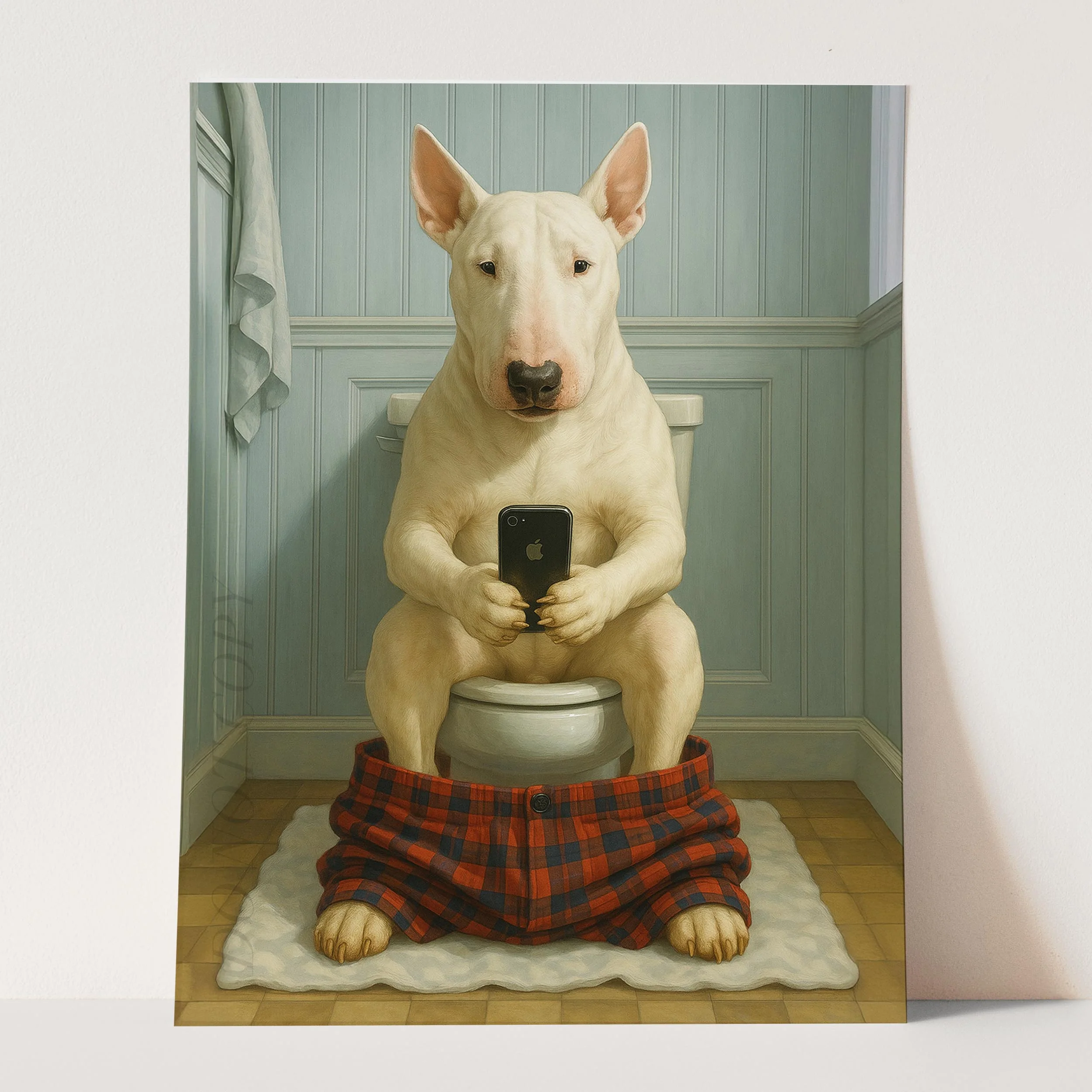 Bull Terrier Dog On The Phone On The Toilet - Image 3