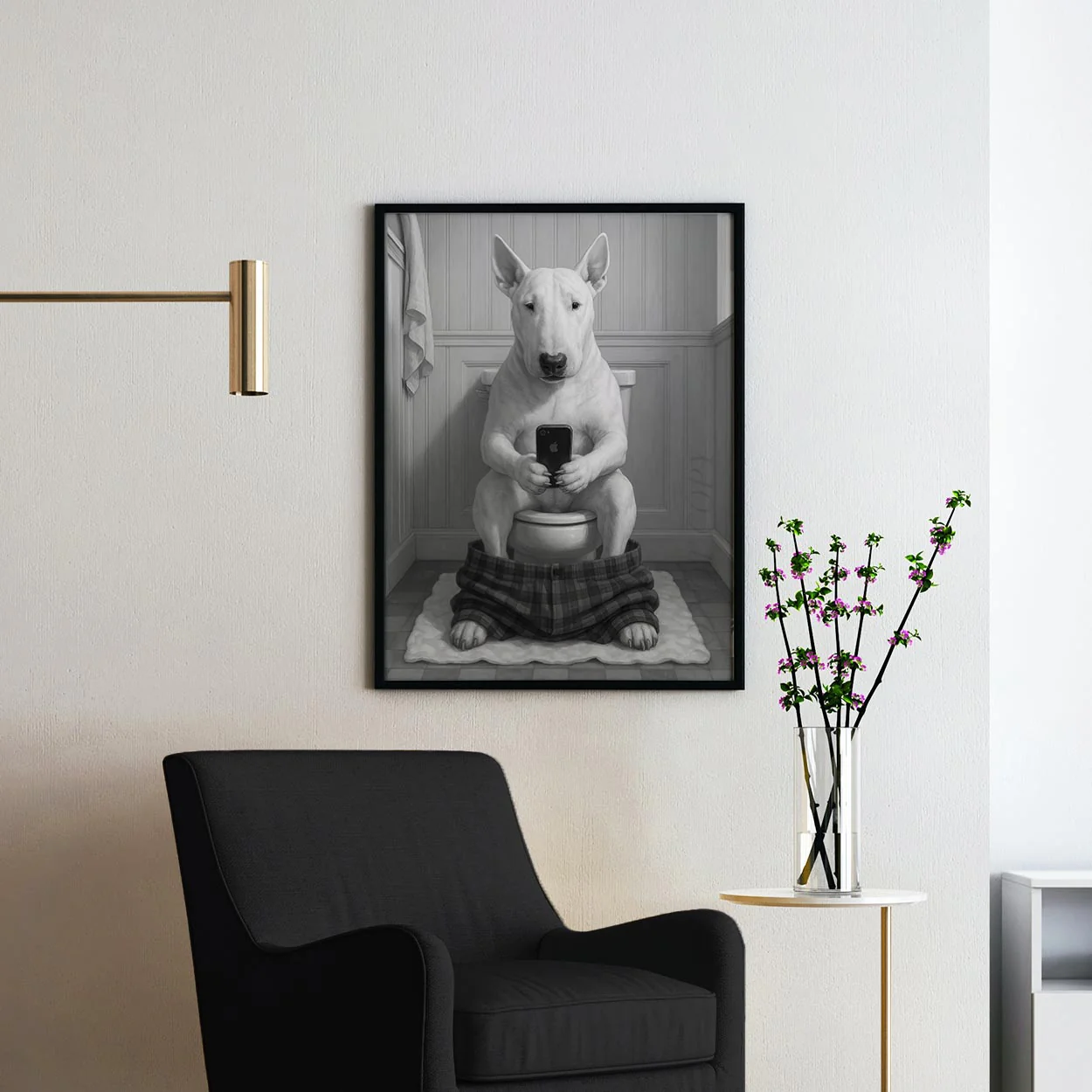 Bull Terrier Dog On The Phone On The Toilet - Image 2