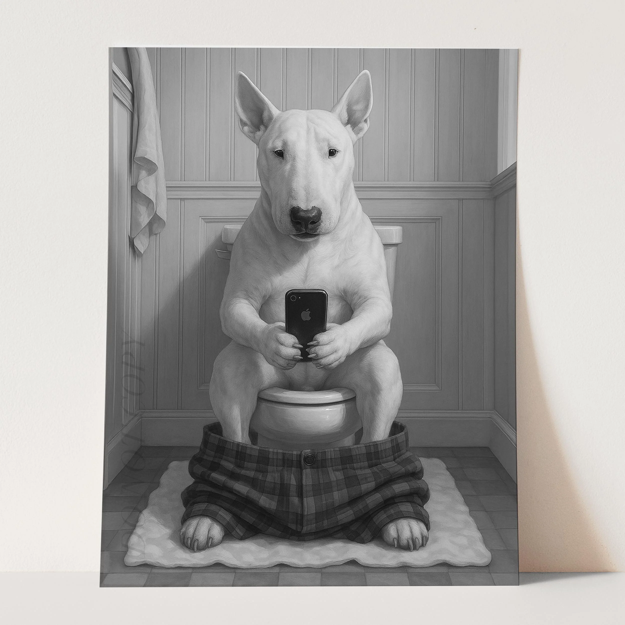 Bull Terrier Dog On The Phone On The Toilet - Image 3